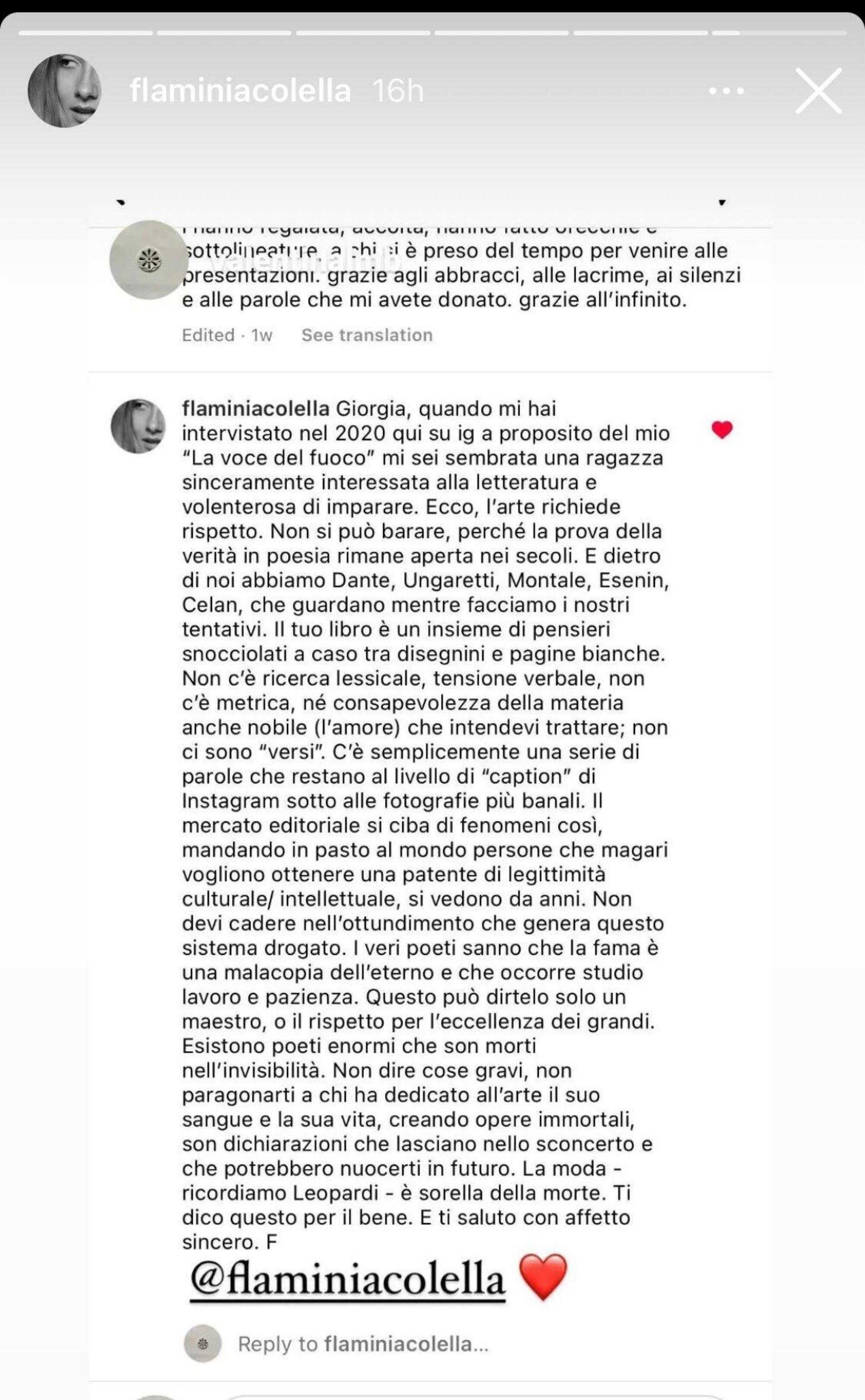 La critica di Flaminia Colella ai versi di Giorgia Soleri