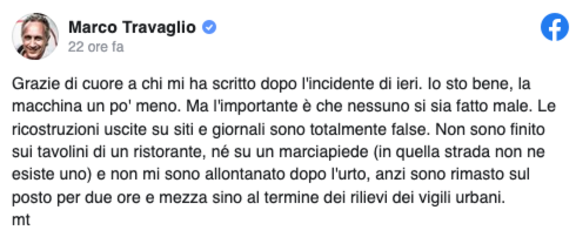 Il messaggio sui social di Travaglio dopo l&#039;incidente