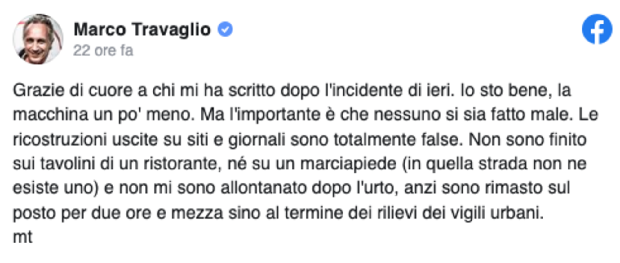 Il messaggio sui social di Travaglio dopo l'incidente