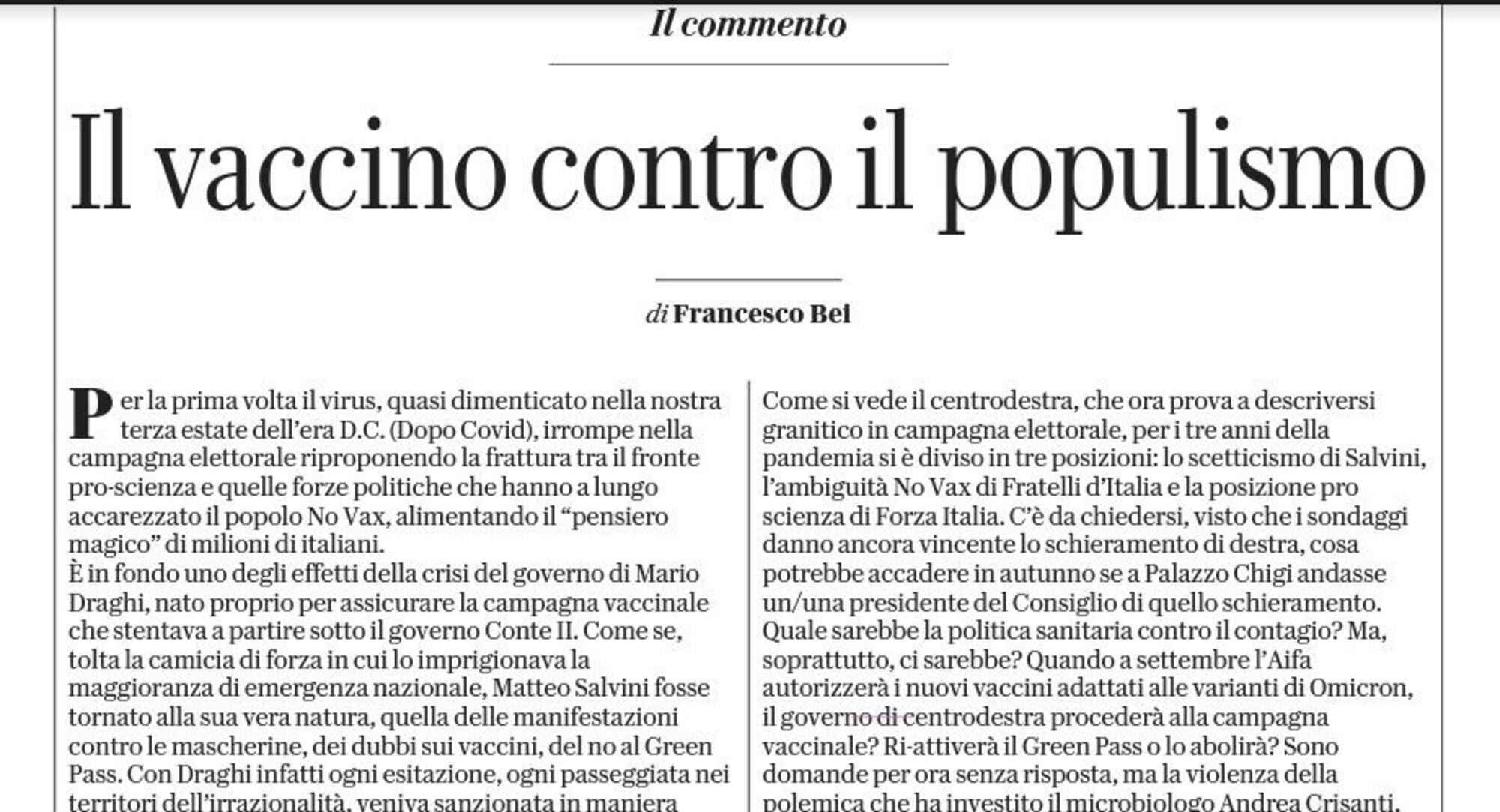 L&#039;articolo di Bei su Repubblica