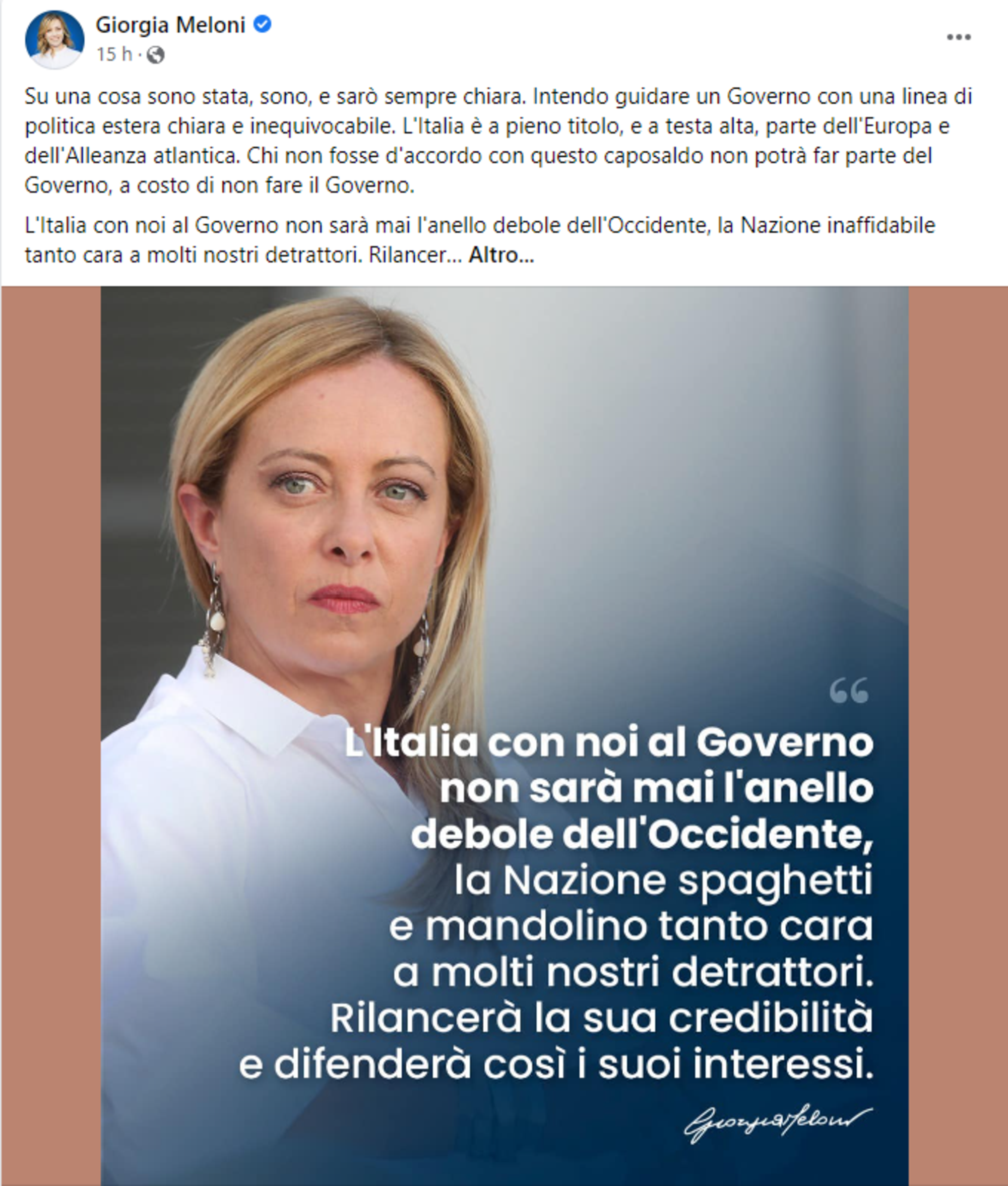 Il post di Giorgia Meloni