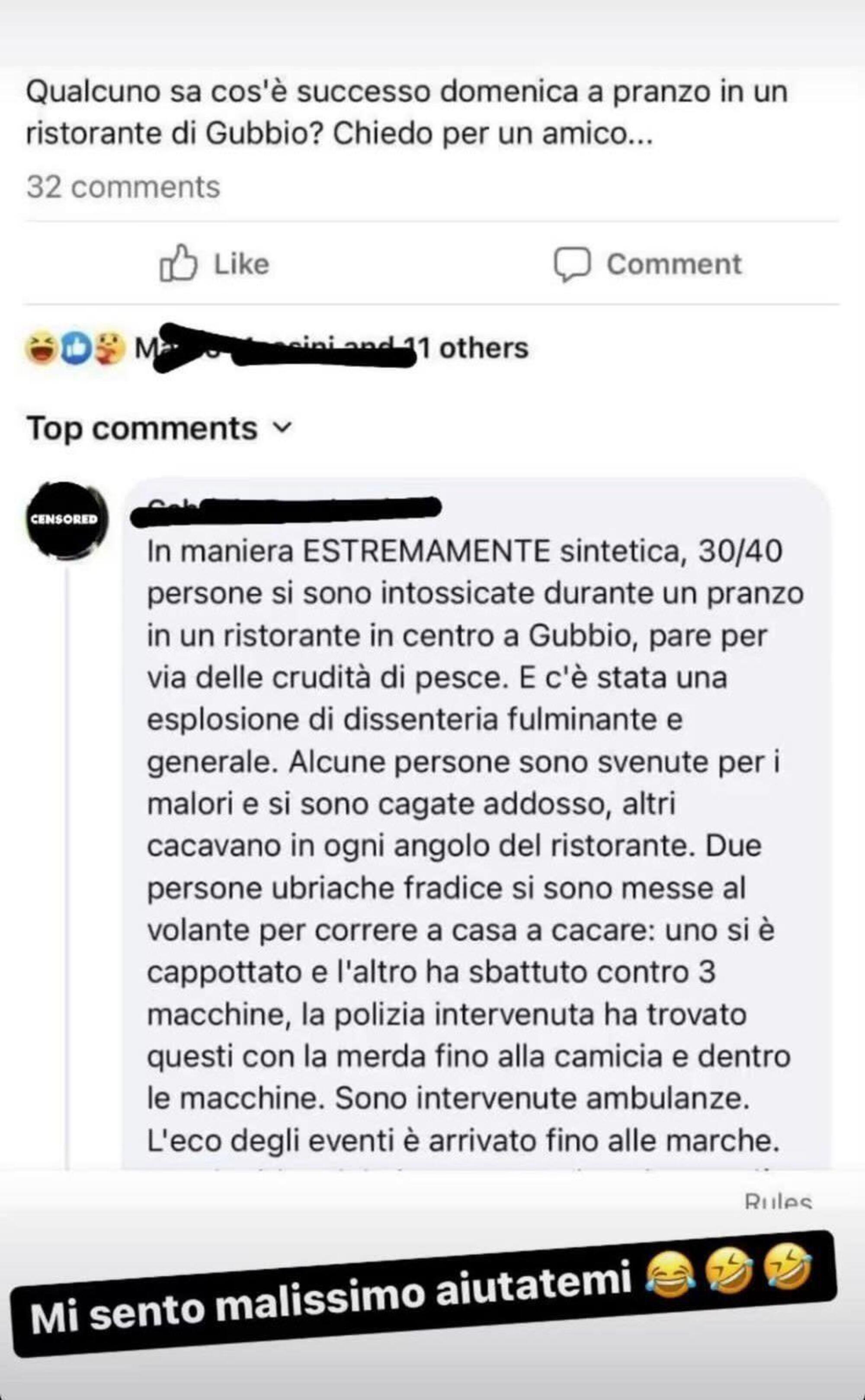 Uno dei migliaia di commenti che ricostruiscono le scene di follia successe al ristorante di Gubbio