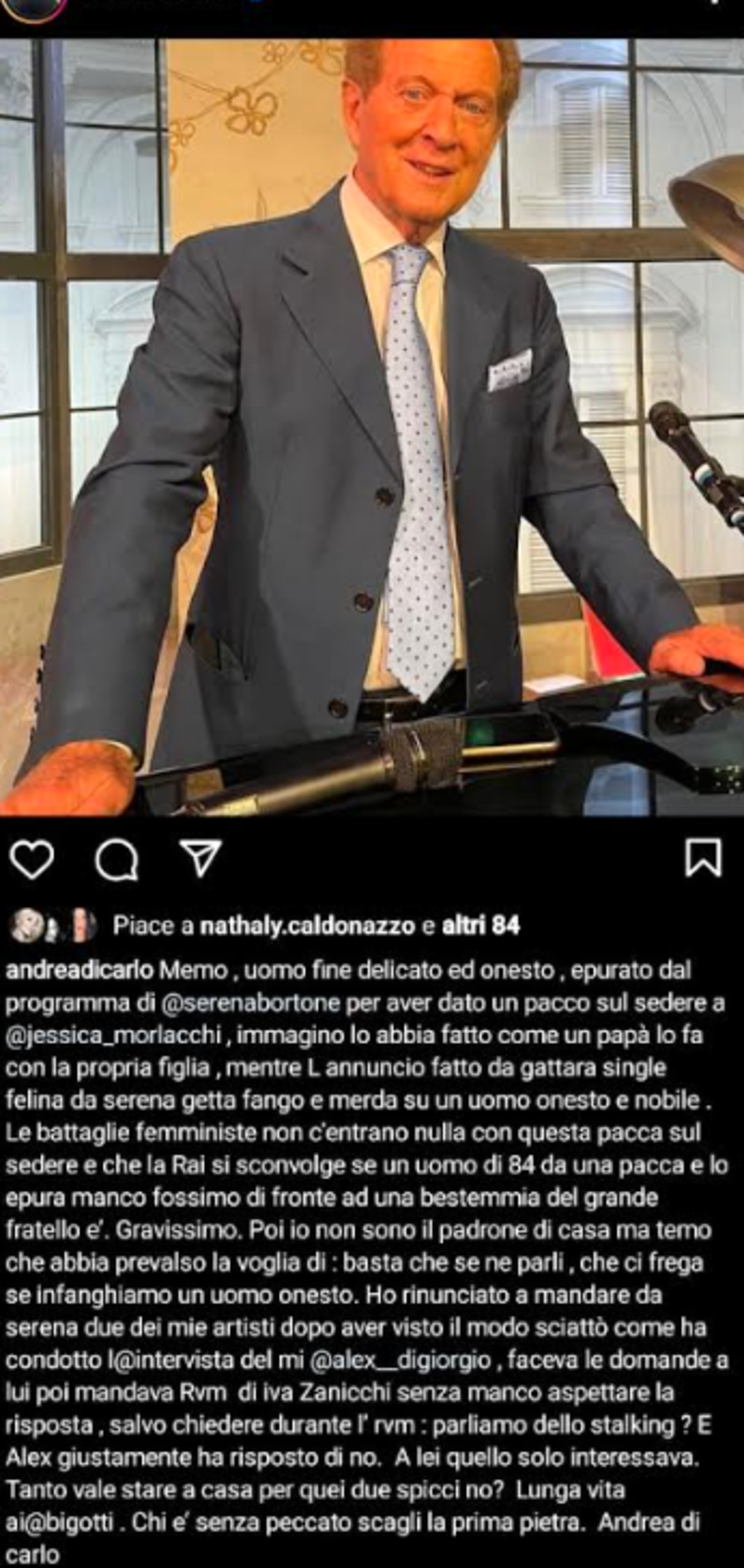 Il post (rimosso) di Andrea Di Carlo in difesa di Memo Remigi