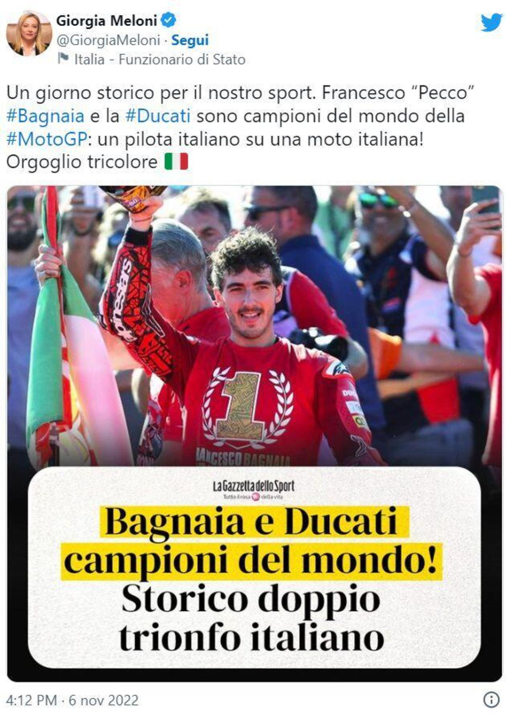 Il tweet di Giorgia Meloni su Pecco Bagnaia