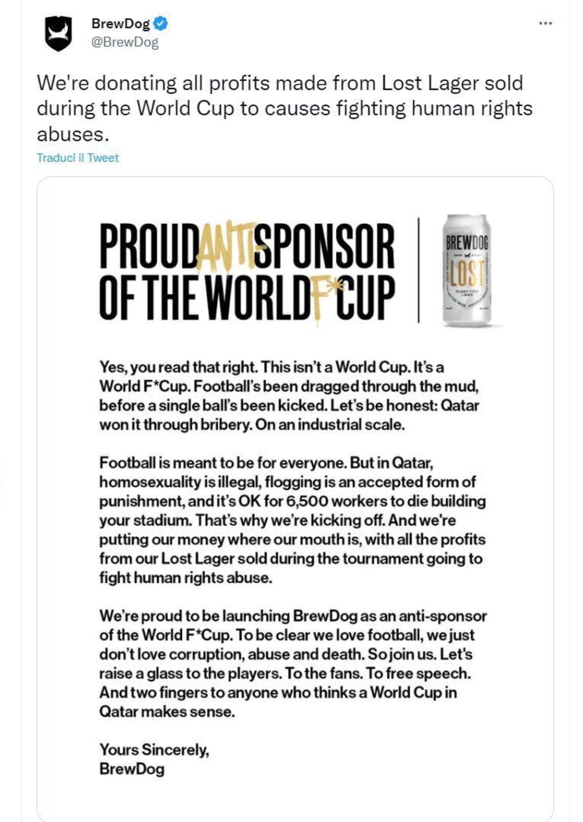 L&#039;antisponsor di Qatar 2022, Brewdog