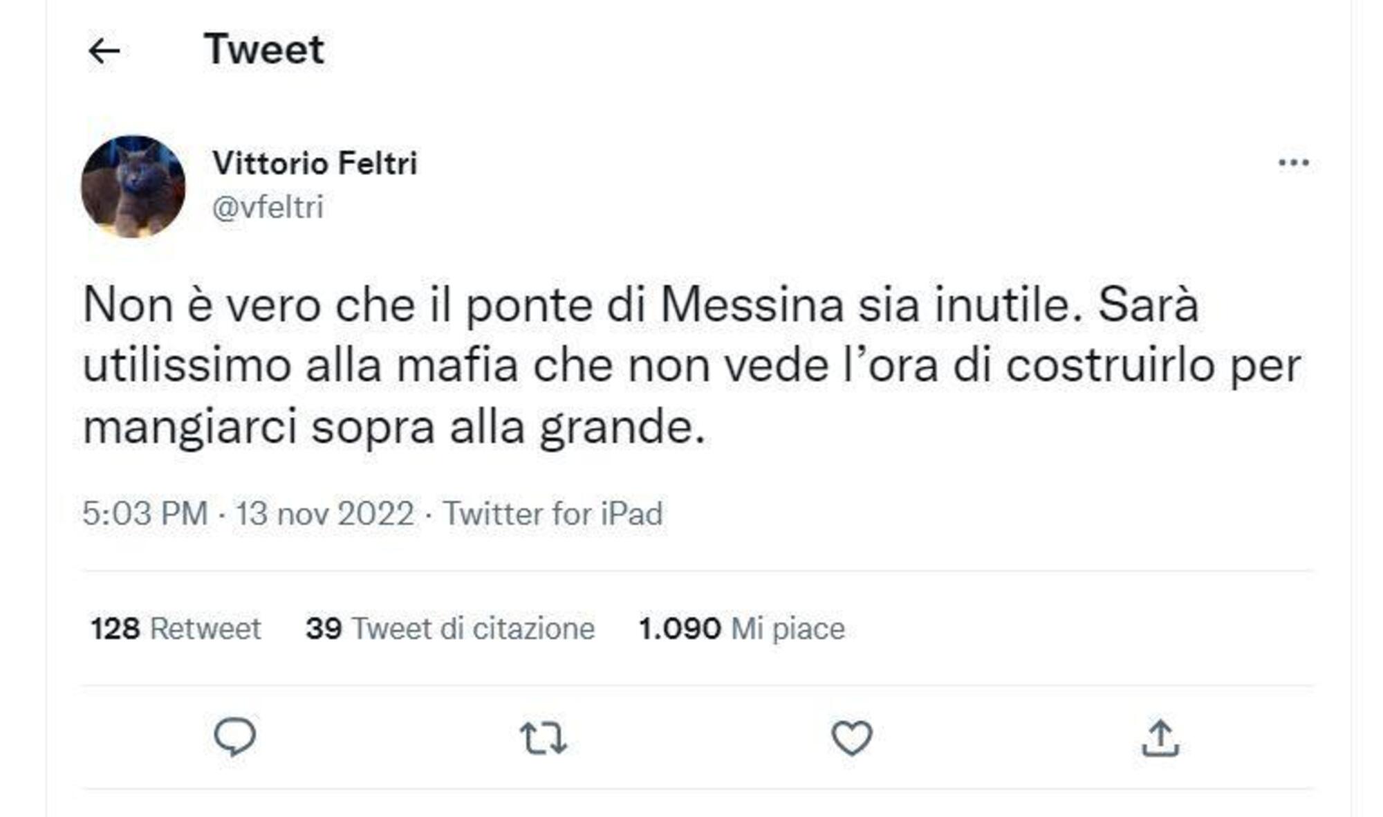 Il tweet di Feltri sul ponte sullo Stretto