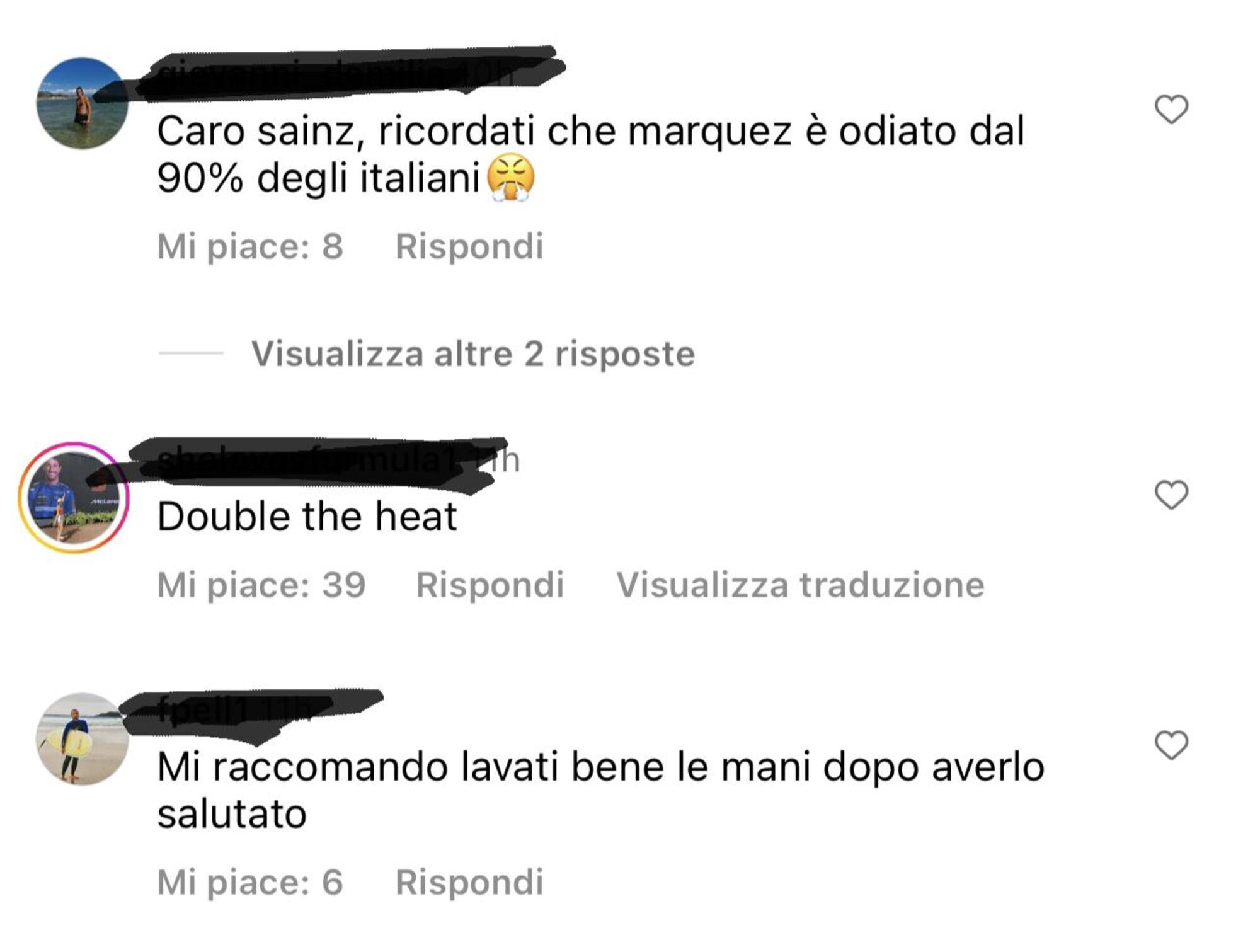 Alcuni commenti sotto al post di Sainz e Marquez