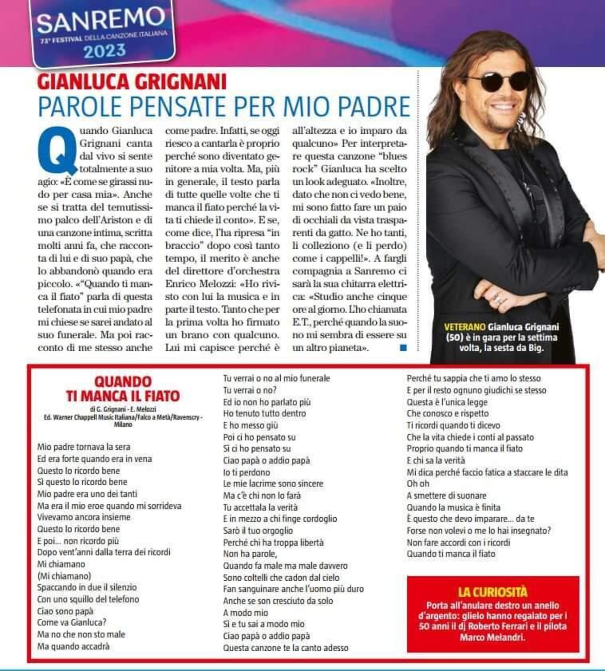 Il testo ufficiale del brano di Gianluca Grignani pubblicato da Tv Sorrisi e Canzoni