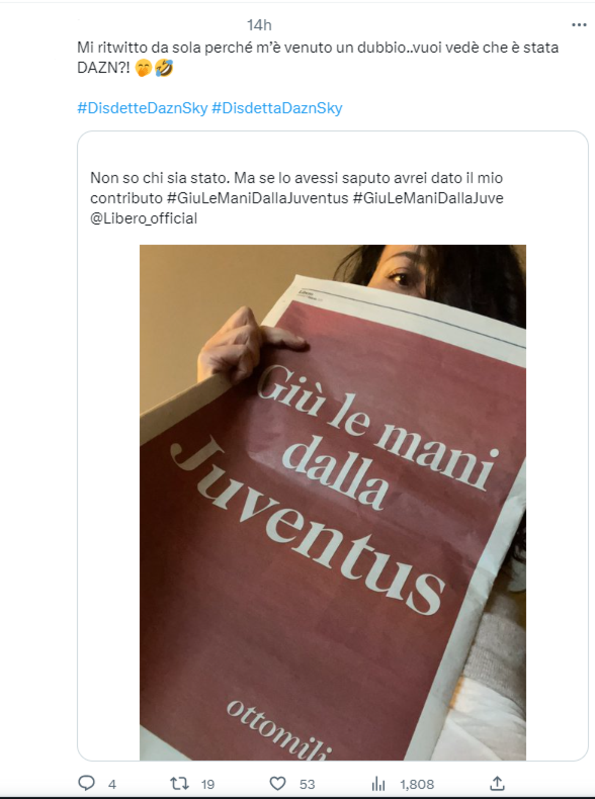 Il post di una tifosa juventina con la pagina di Libero