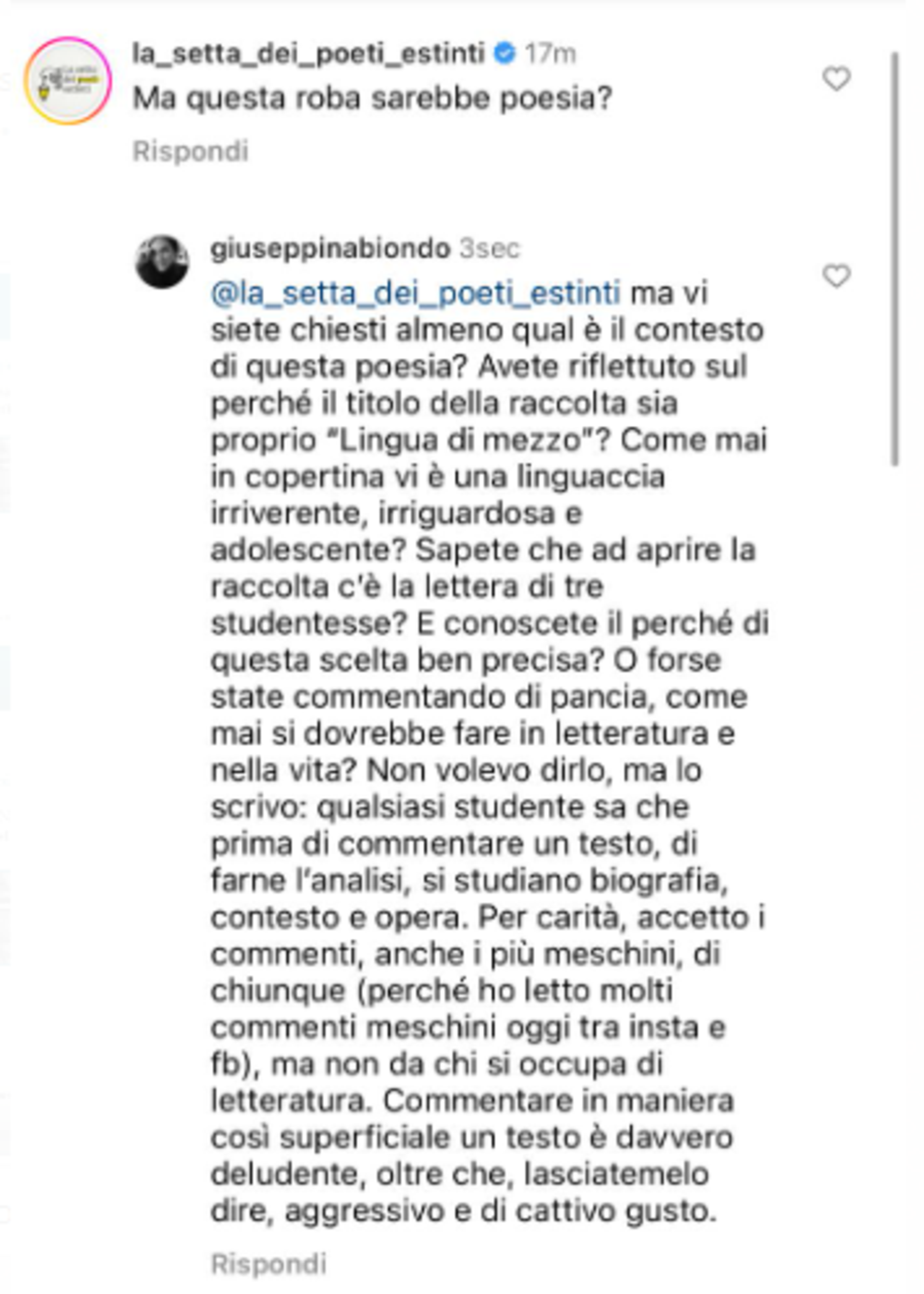 Il commento della Setta dei poeti estinti e la risposta dell&#039;autrice