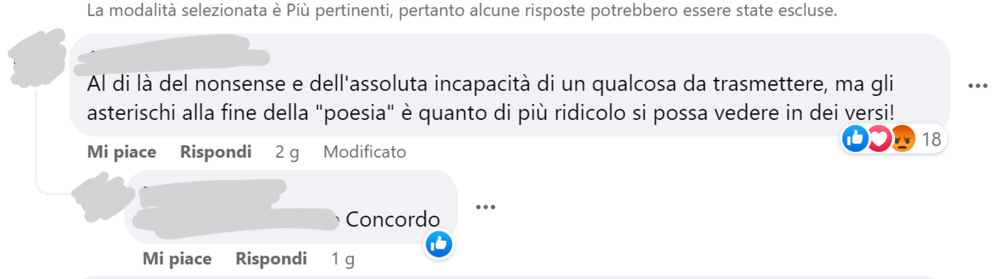 Alcuni dei commenti sotto al post di Interno Poesia