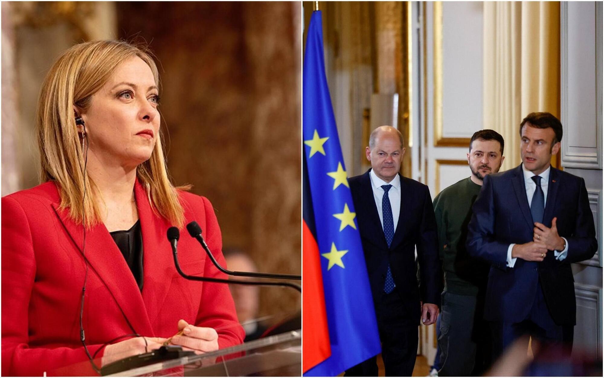 Meloni e, a destra, l&#039;incontro tra Scholz, Macron e Zelensky