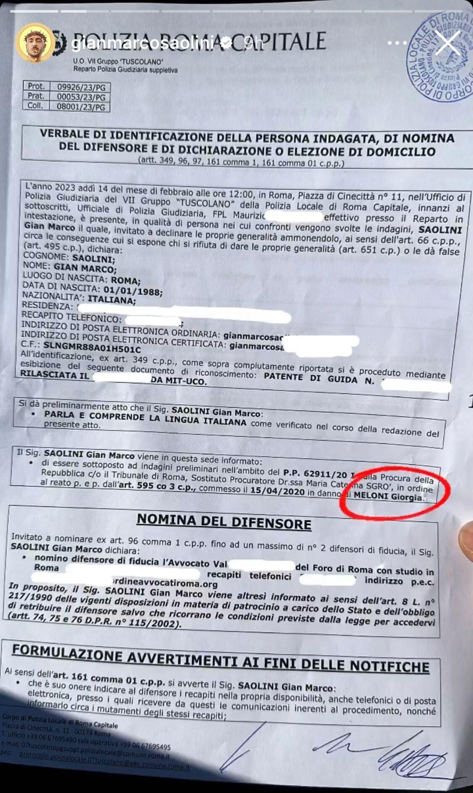 Il verbale della denuncia pubblicato da Saolini