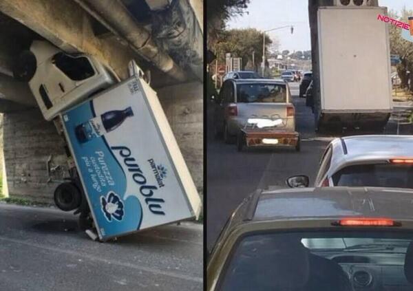 Mai visto: un camion finisce incastrato sotto un ponte, ma in verticale