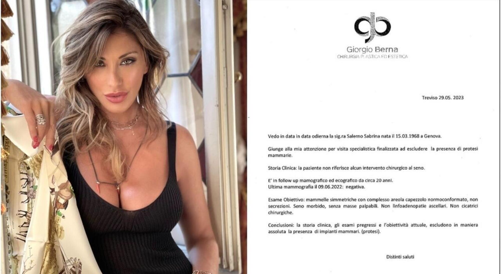 Sabrina Salerno e il certificato medico sul suo seno non rifatto