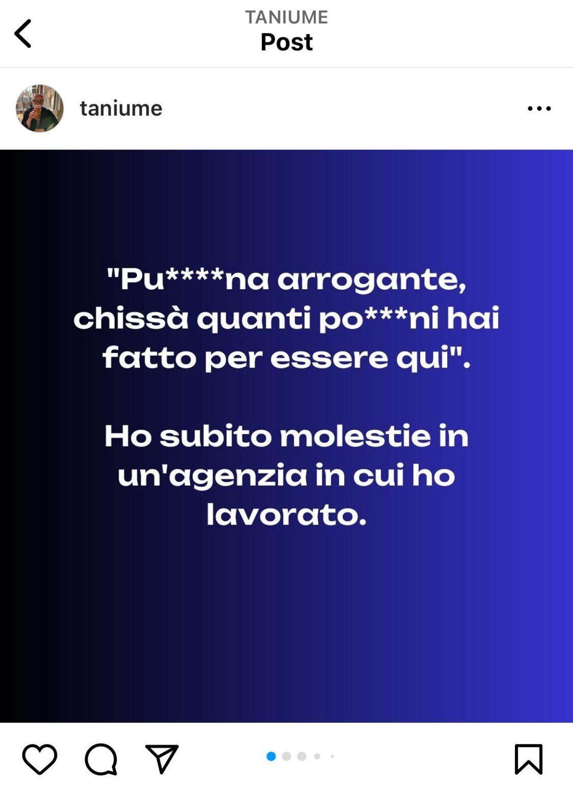 Il post di denuncia delle molestie nelle agenzie pubblicitarie italiane di Tania Taniume sulla sua pagina Instagram