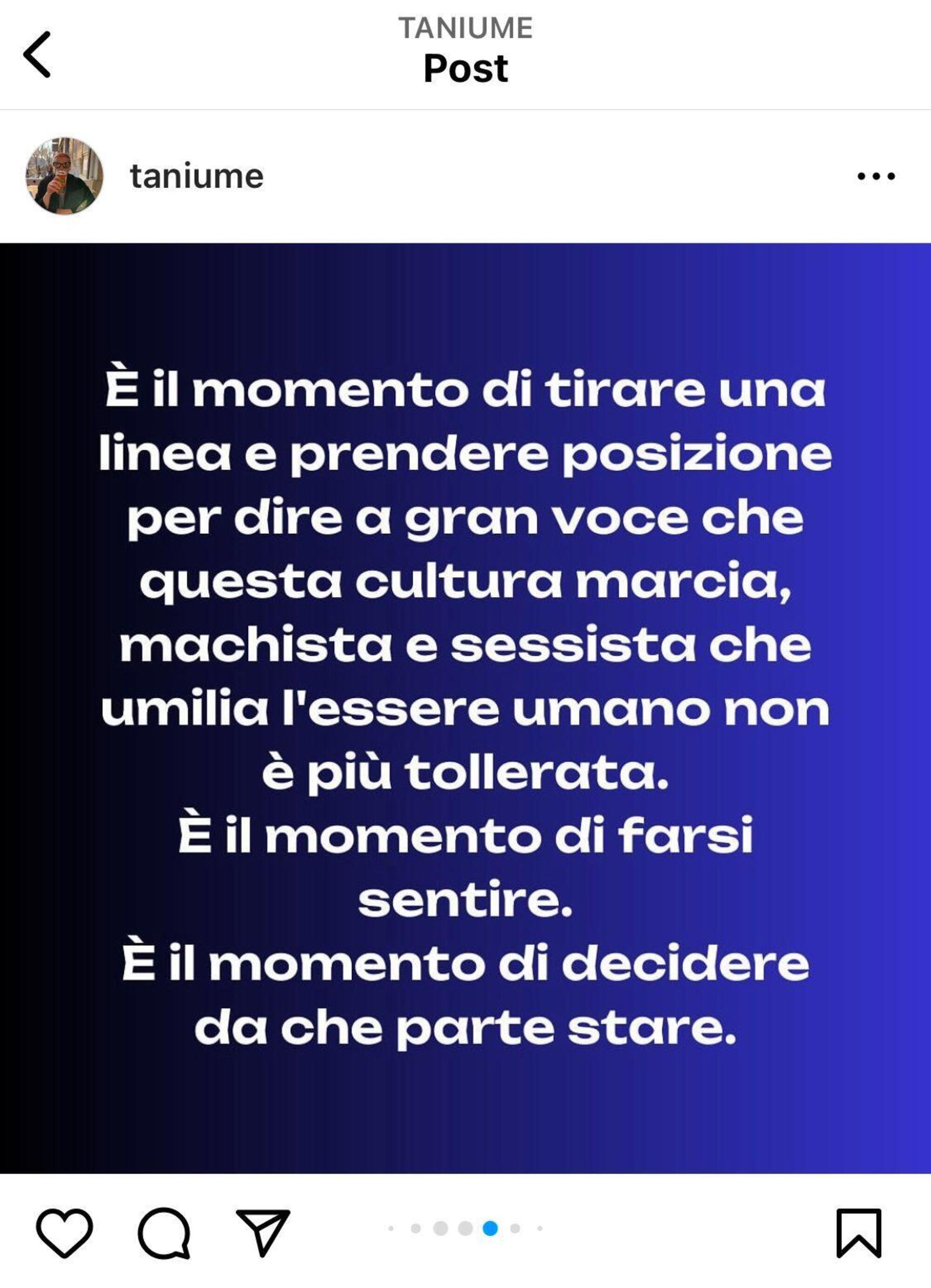 Il post di denuncia delle molestie nelle agenzie pubblicitarie italiane di Tania Taniume sulla sua pagina Instagram