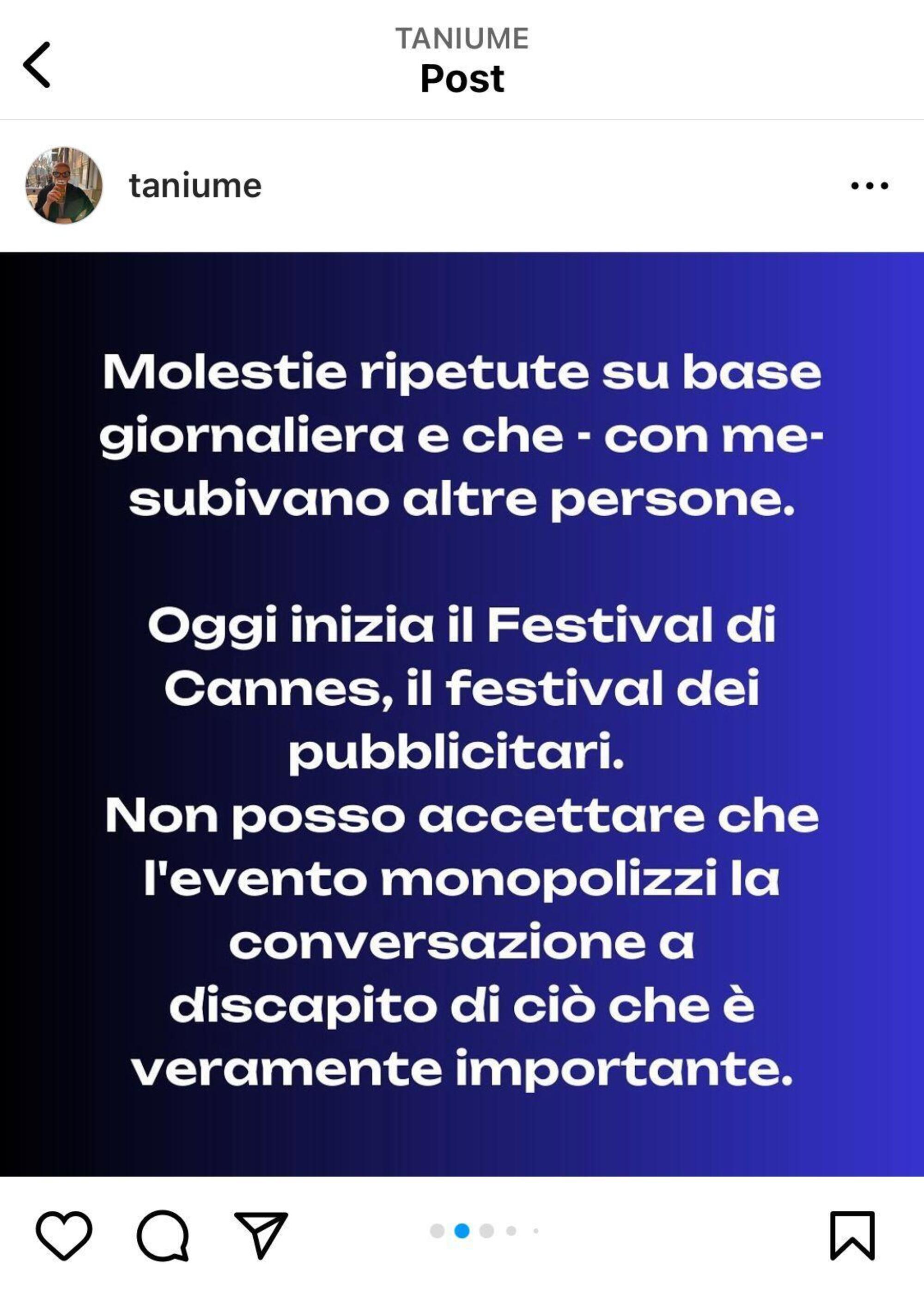 Il post di denuncia delle molestie nelle agenzie pubblicitarie italiane di Tania Taniume sulla sua pagina Instagram