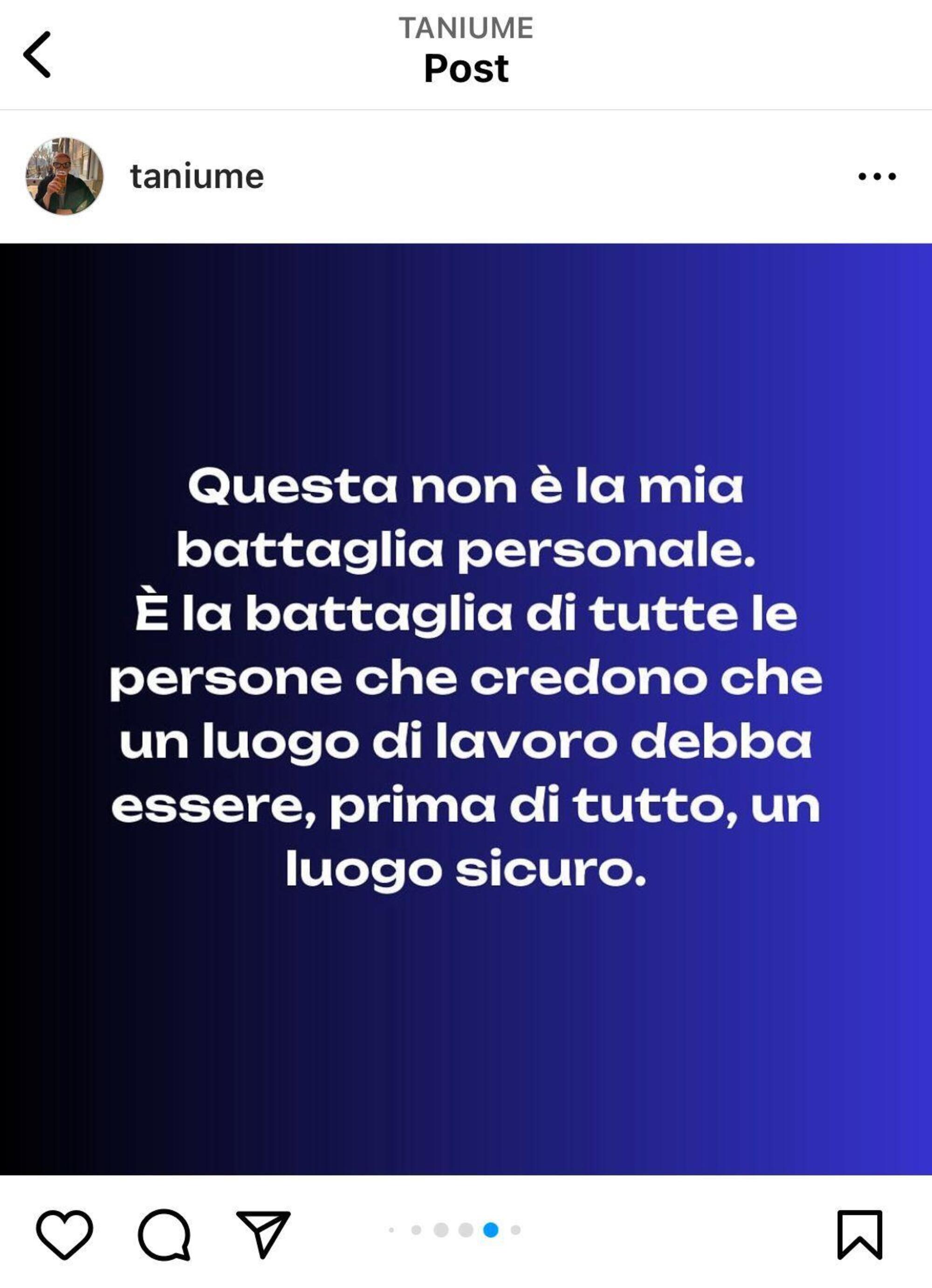 Il post di denuncia delle molestie nelle agenzie pubblicitarie italiane di Tania Taniume sulla sua pagina Instagram