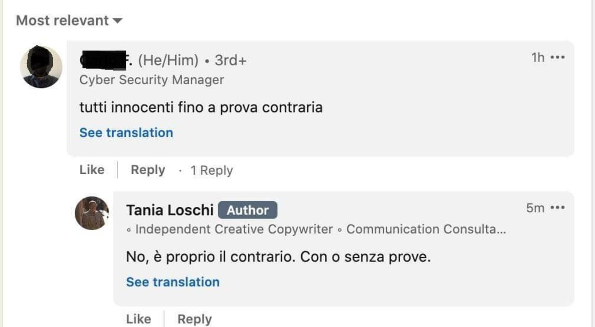 Il commento di Tania Loschi su LinkedIn