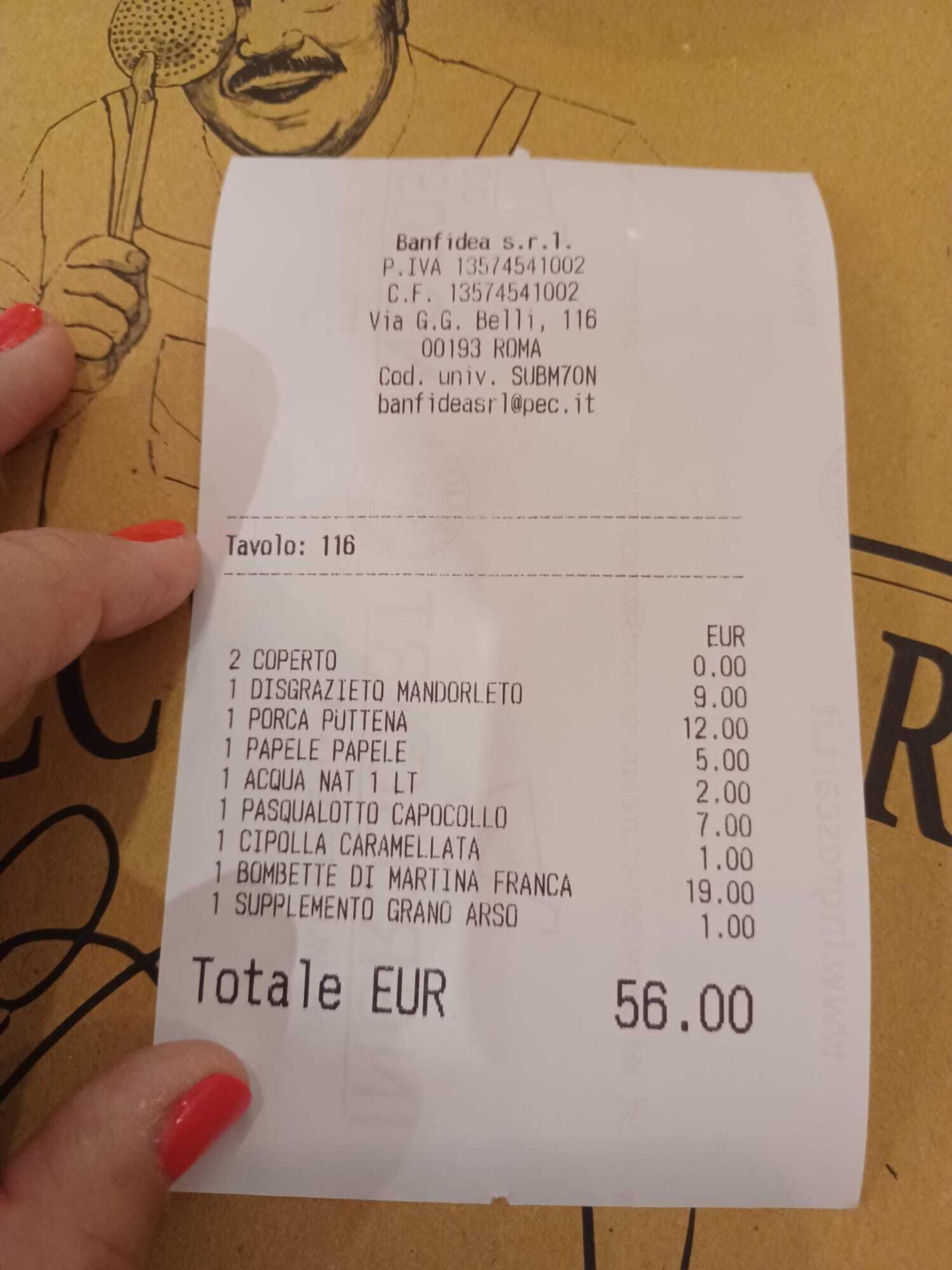 Il conto alll&#039;Orecchietteria Banfi di Roma