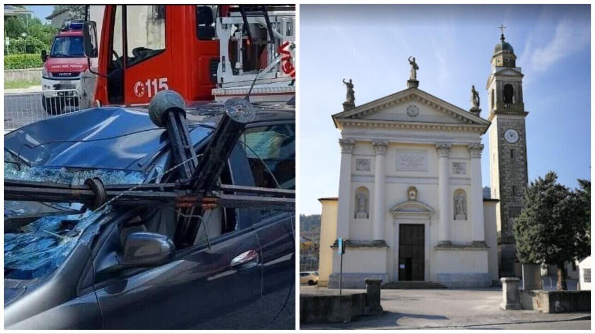 L'auto danneggiata e la chiesa da cui è precipitata la croce