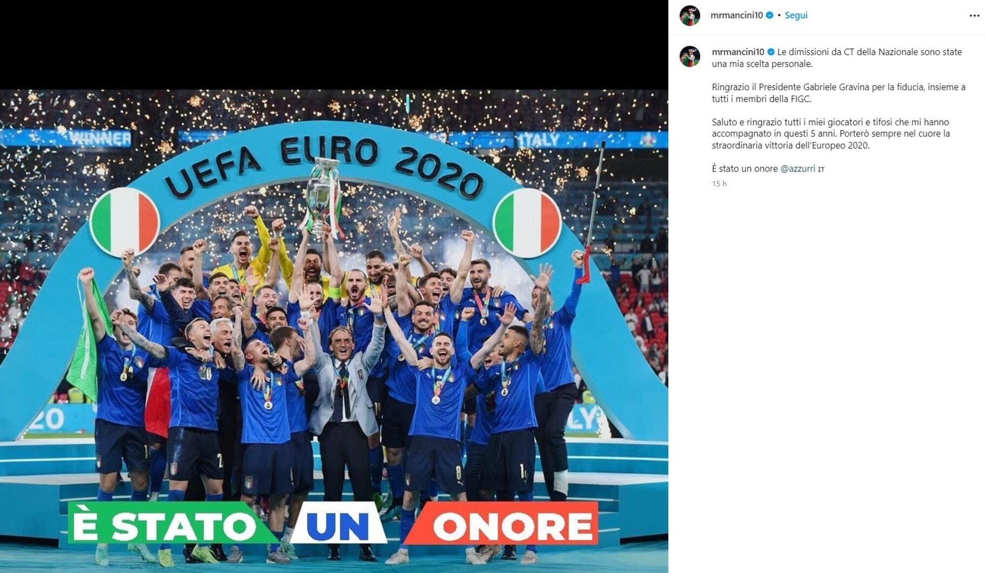 Il post di Roberto Mancini sulle proprie dimissioni