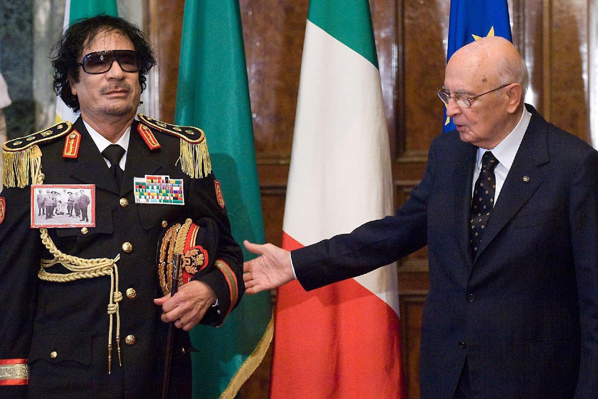 Gheddafi con l'allora presidente della Repubblica Napolitano