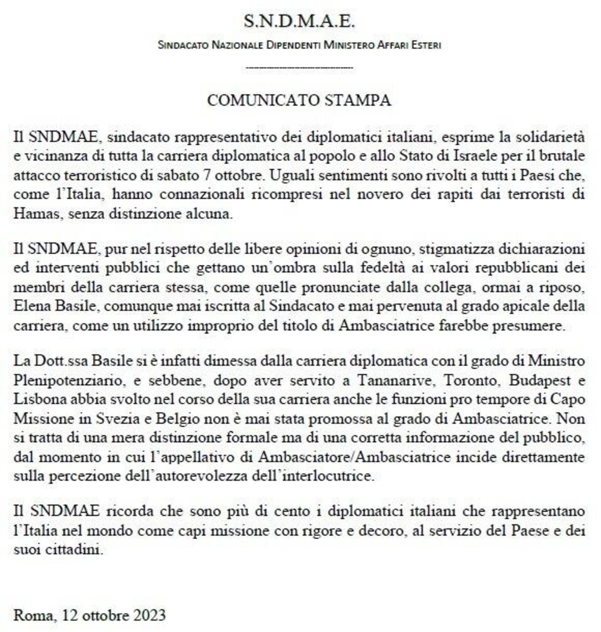 La lettera del sindacato dei diplomatici 