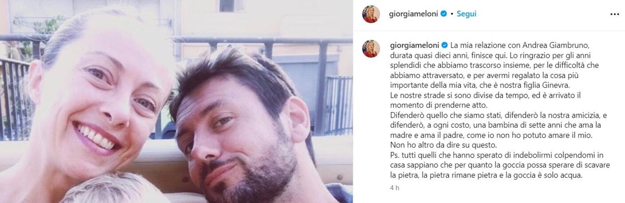 Il post di Giorgia Meloni su Giambruno