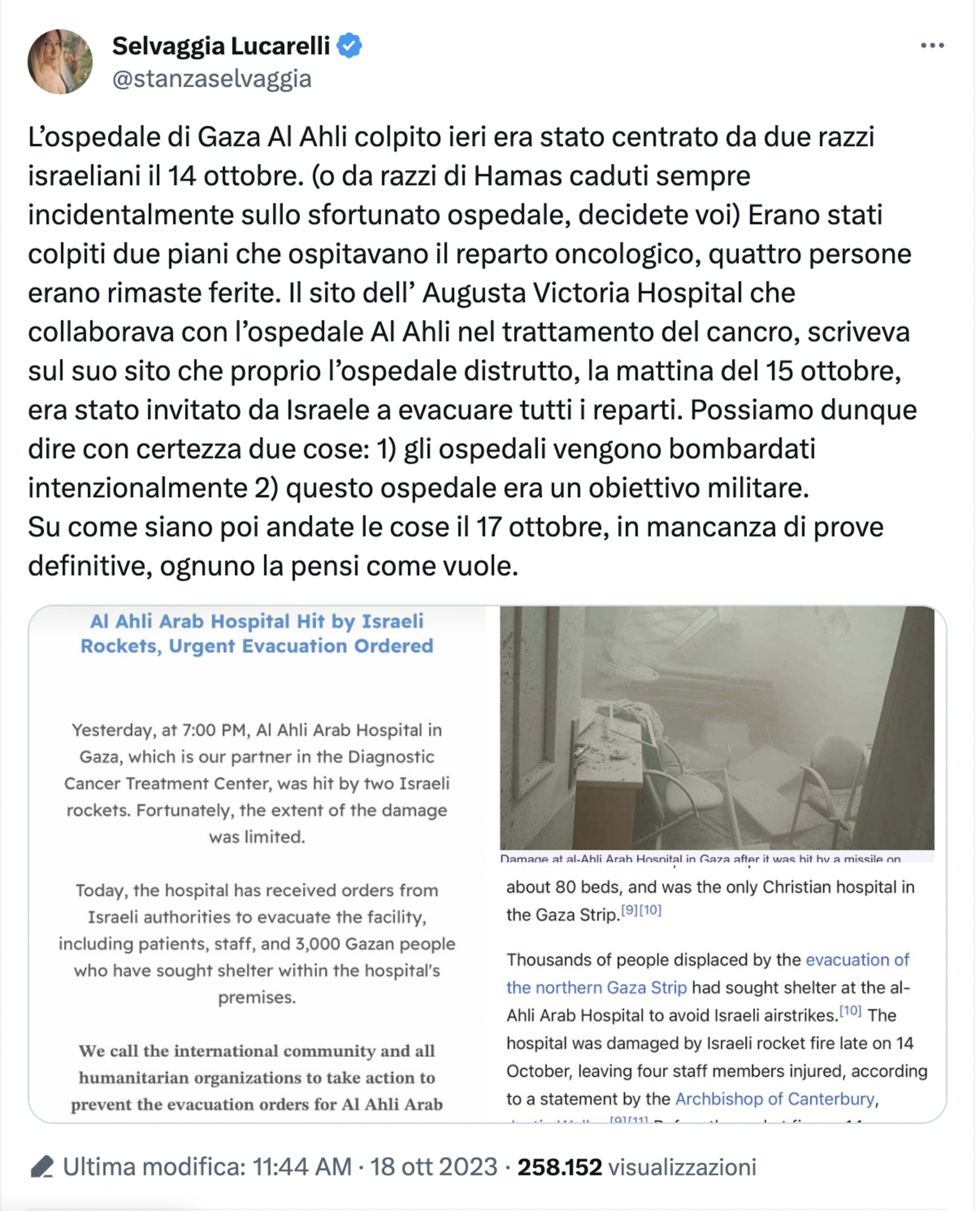 Il tweet di Selvaggia Lucarelli sull&#039;ospedale di Gaza