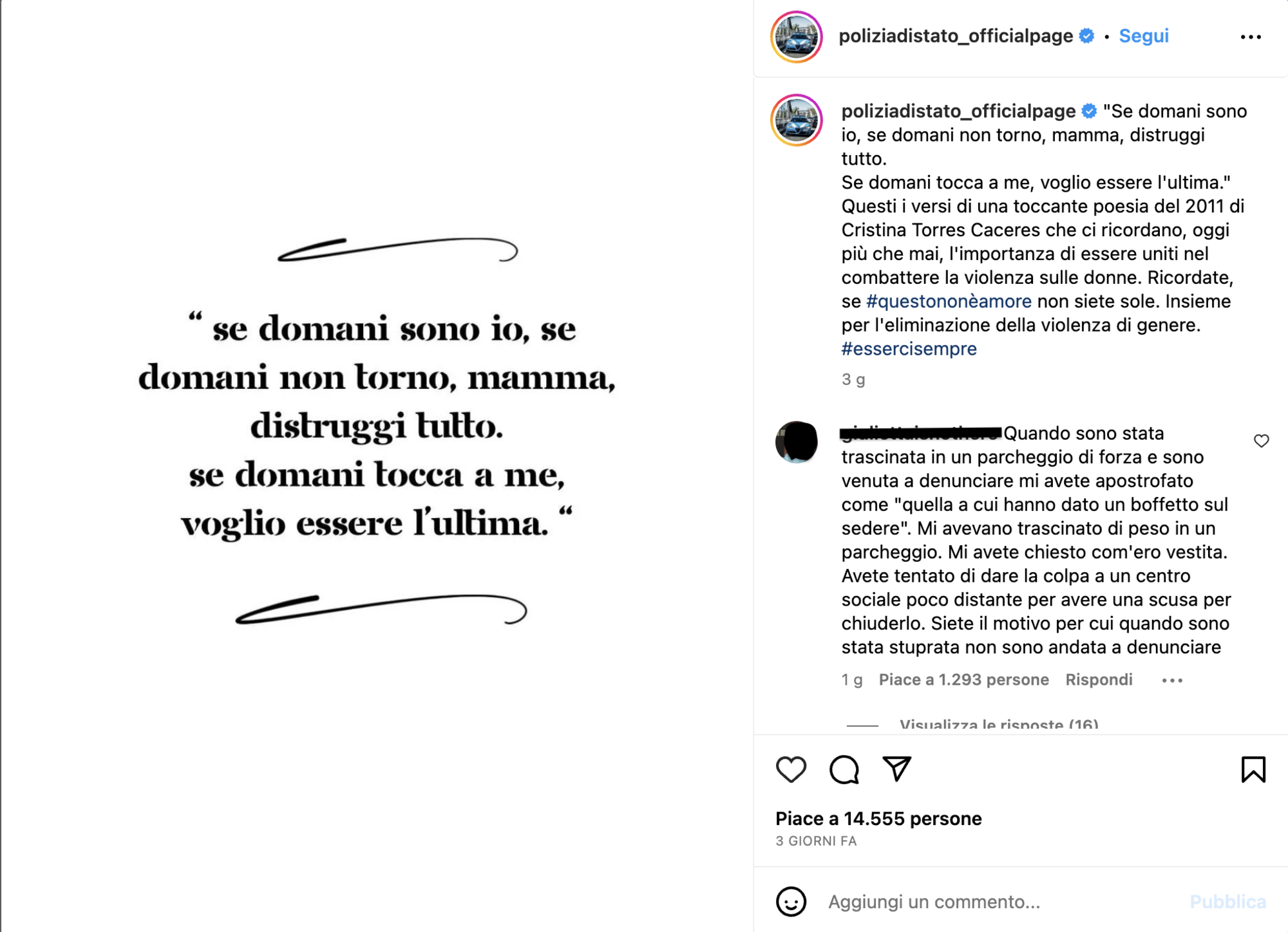 Il post della Polizia di Stato