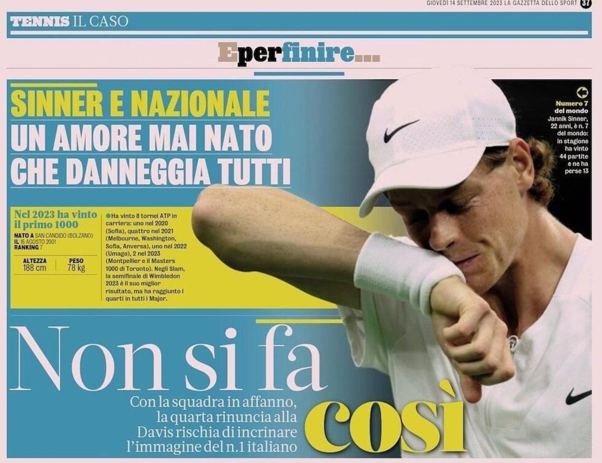 La Gazzetta contro Sinner poco pi&ugrave; di due mesi fa