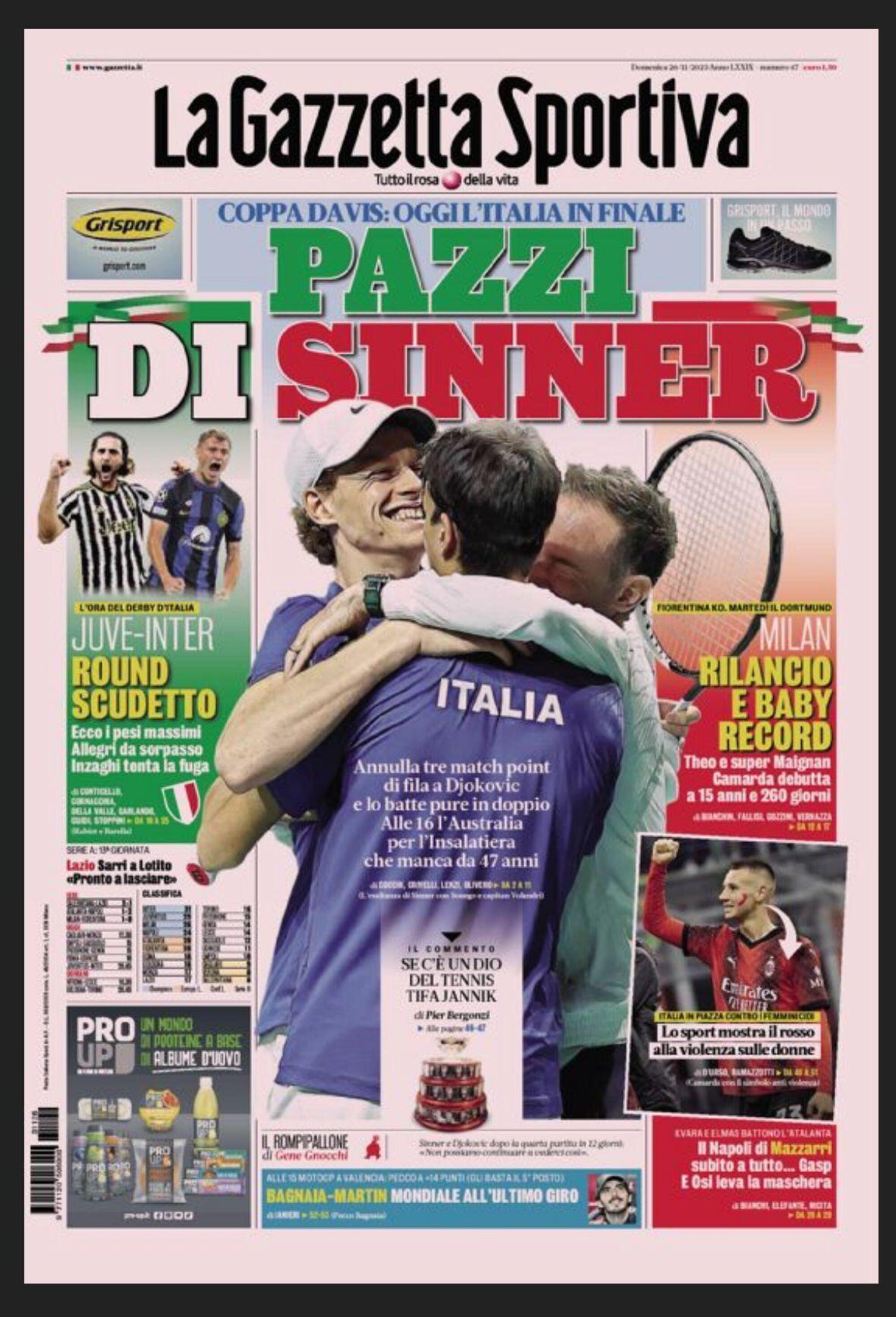 La prima pagina della Gazzetta del 26 novembre