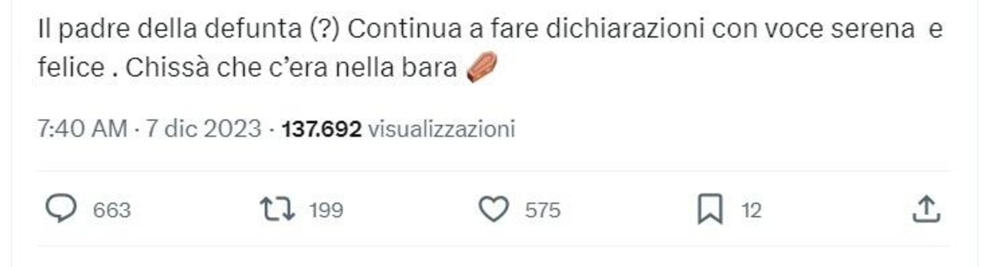 "Il padre della defunta (?) continua a fare dichiarazioni con voce serena e felice. Chissà che c’era nella bara"
