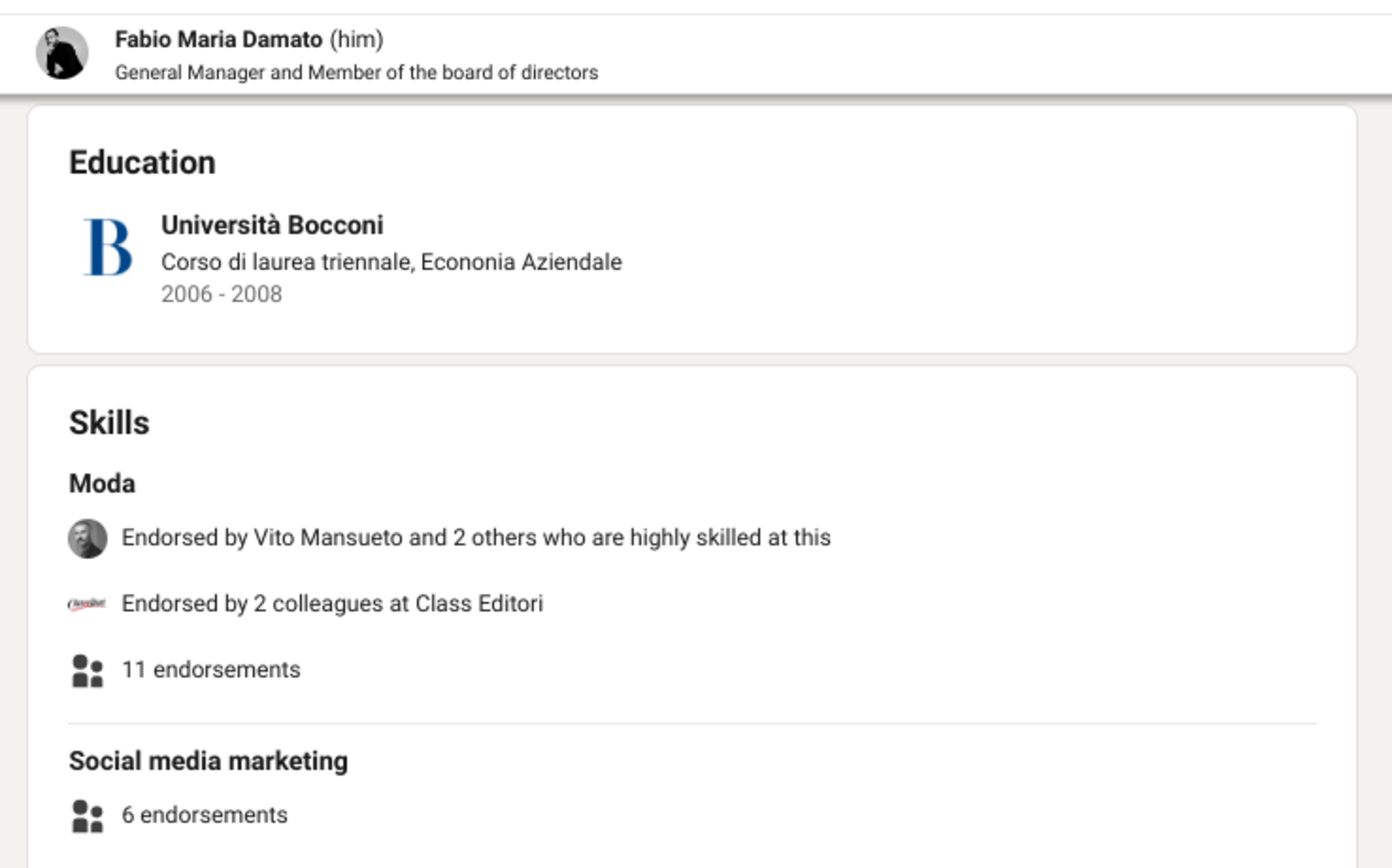 La pagina LinkedIn di Fabio Maria Damato dove segnala la laurea alla Bocconi