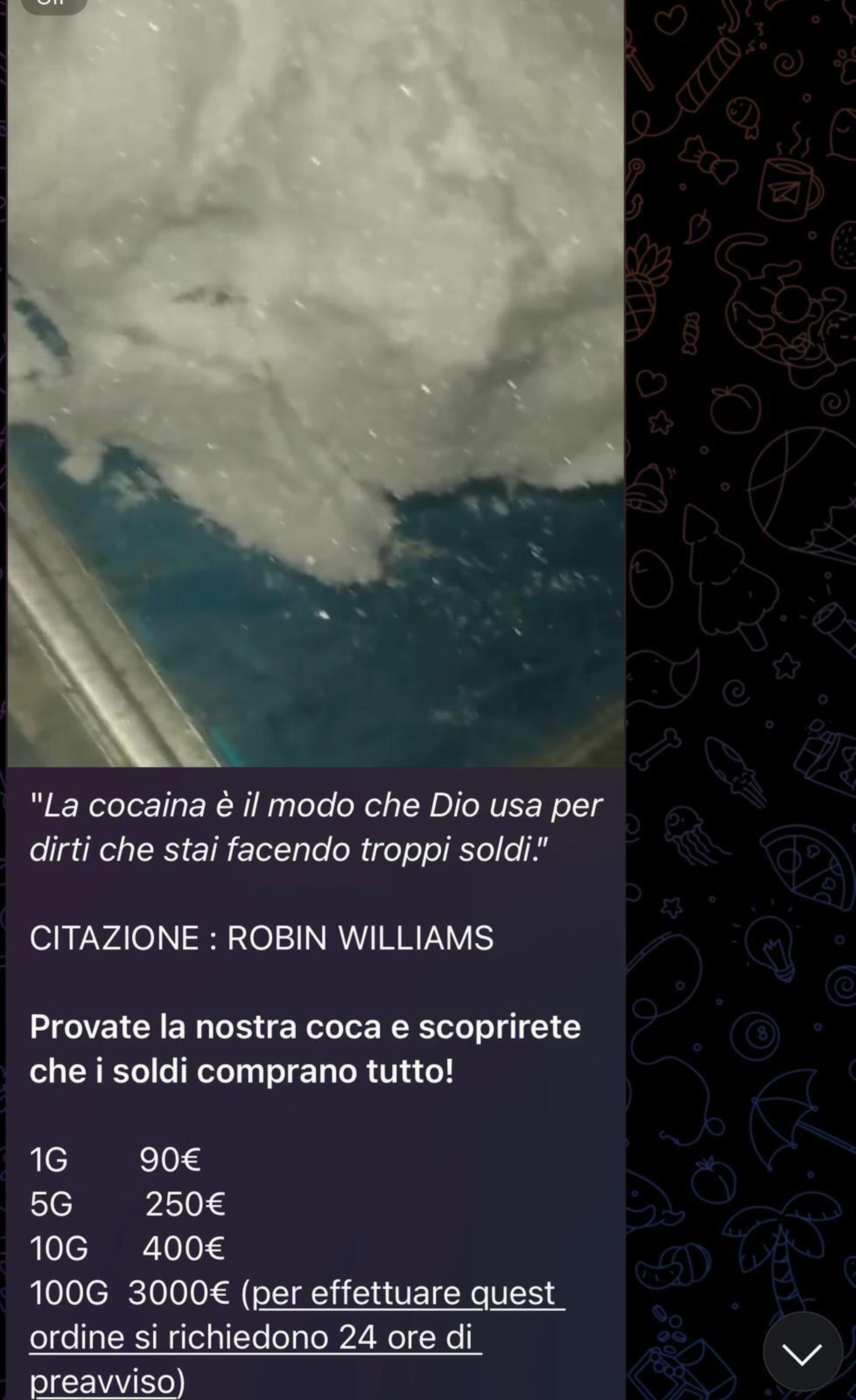 La cocaina venduta nel canale Telegram