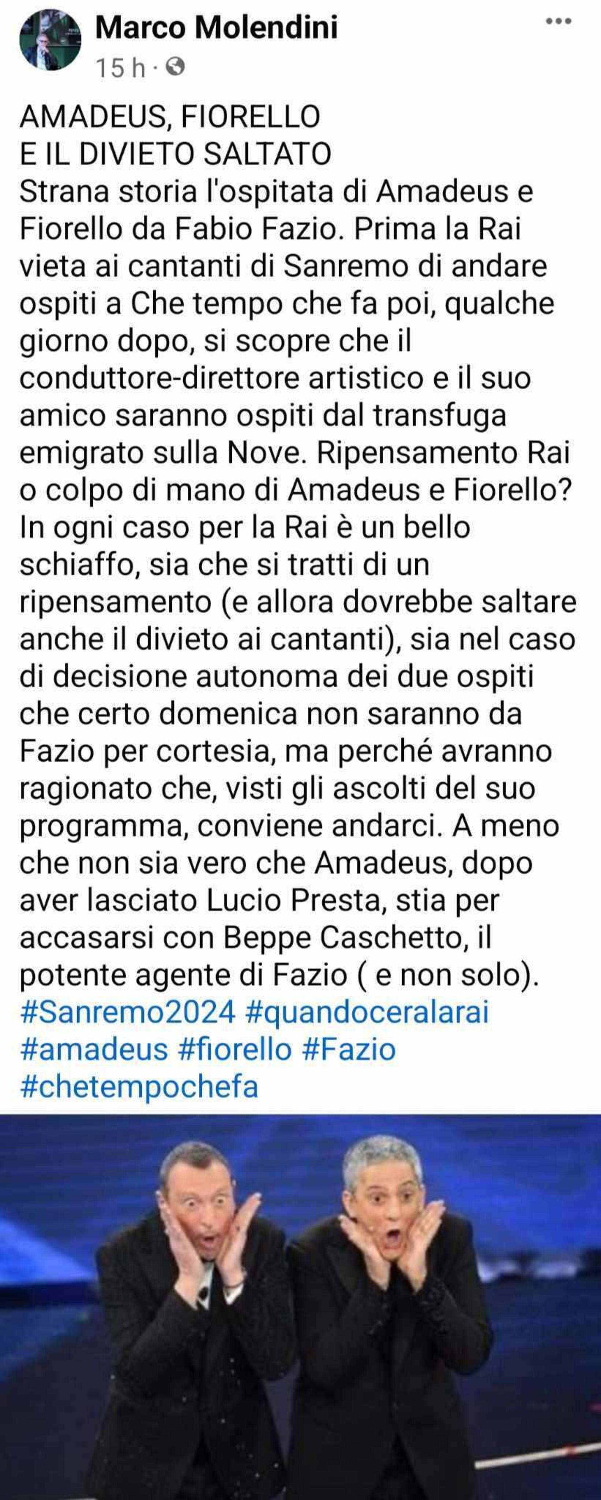 Molendini su Amadeus e Fiorello ospiti di Fazio