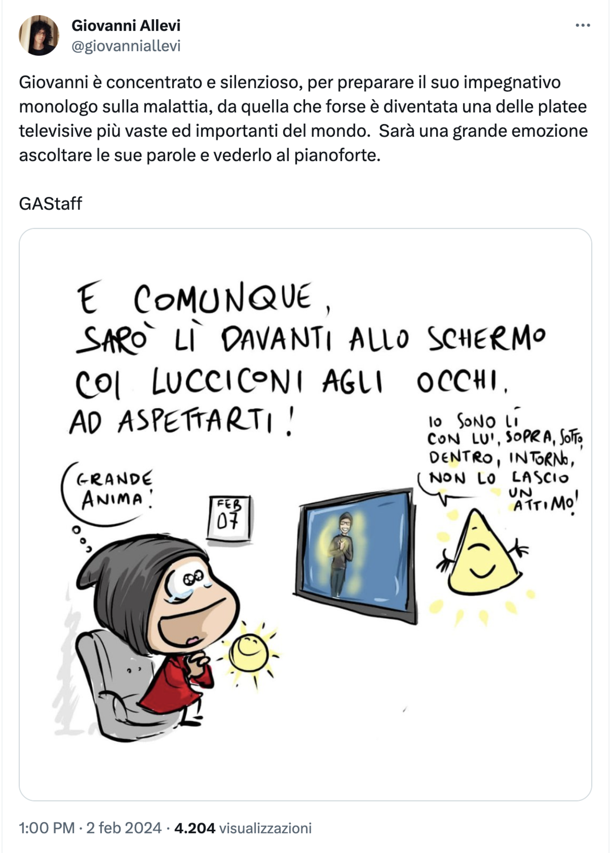 Il tweet di Giovanni Allevi in attesa di Sanremo