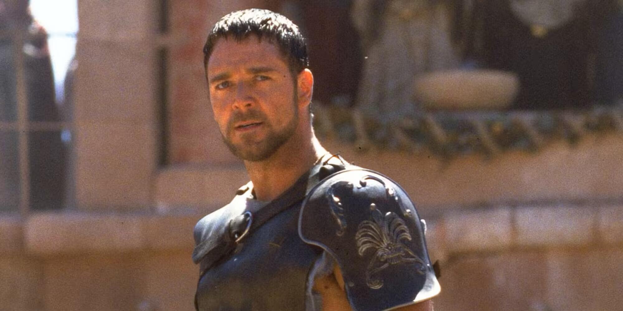 Russell Crowe ne “Il Gladiatore”, visibilmente preoccupato per quello che succederà a Sanremo