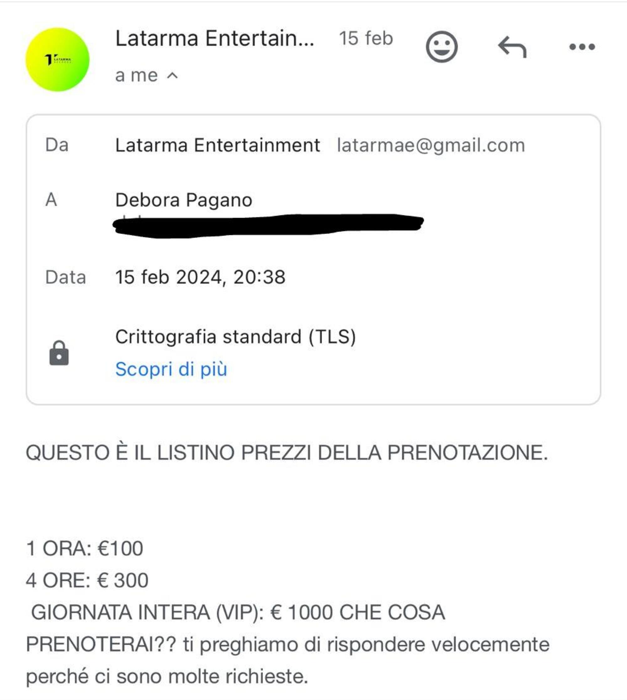 La mail con il listino prezzi dell&#039;etichetta fake riferita a Marta Don&agrave;