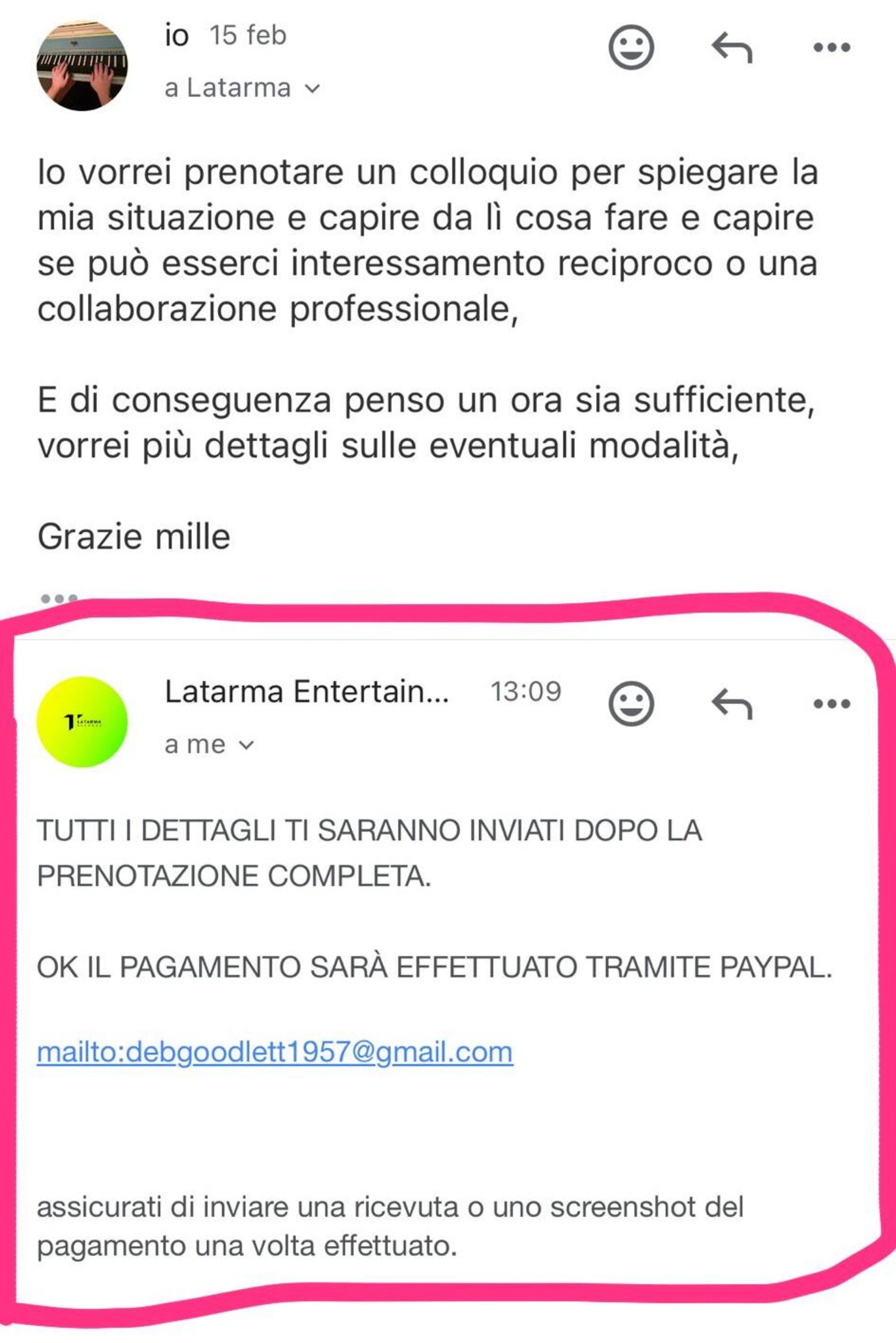 Le modalit&agrave; di pagamento del profilo fake riferito all&#039;etichetta di Marta Don&agrave;