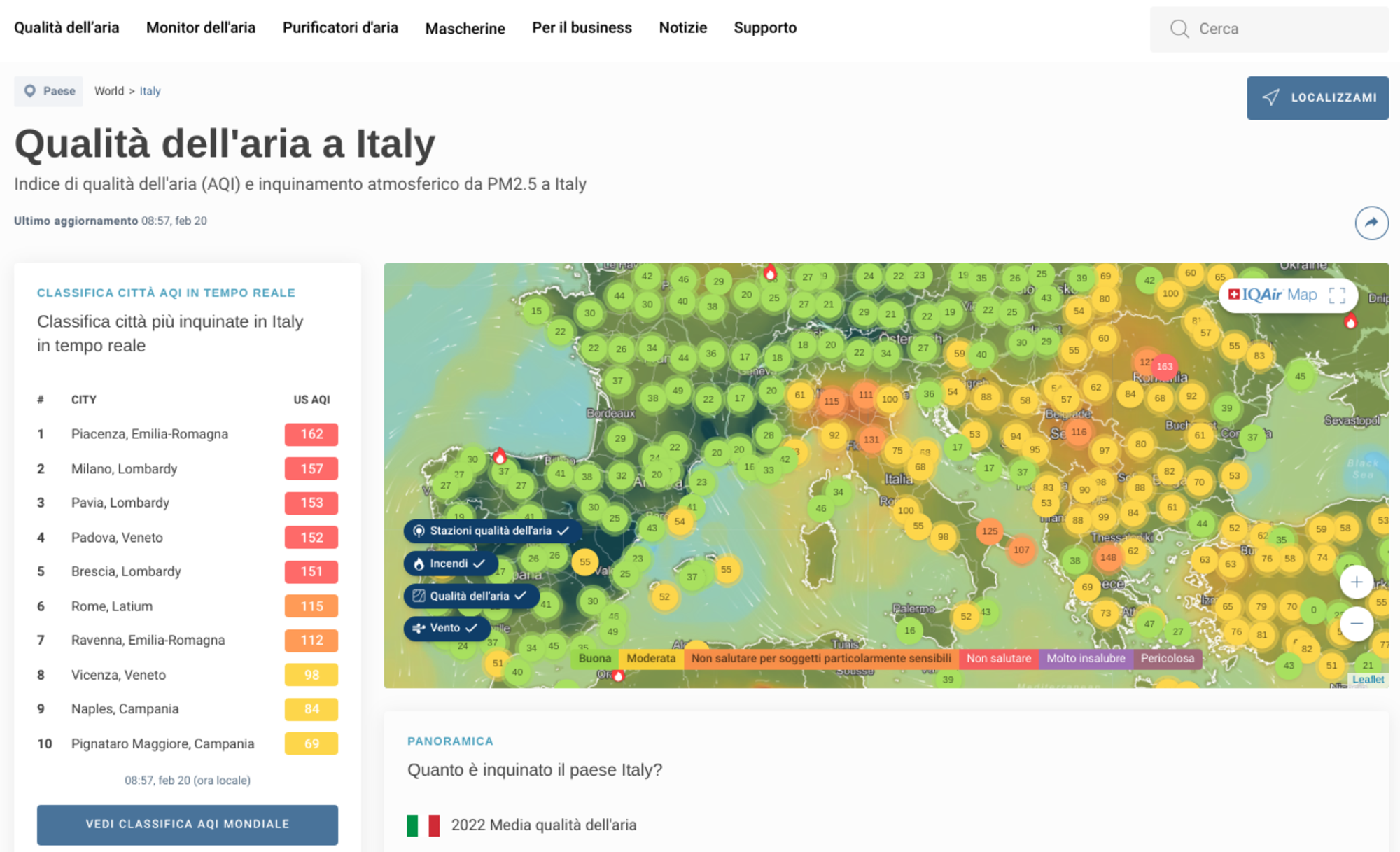 Piacenza in testa alla classifica delle città più inquinate d'Italia per il sito IqAir