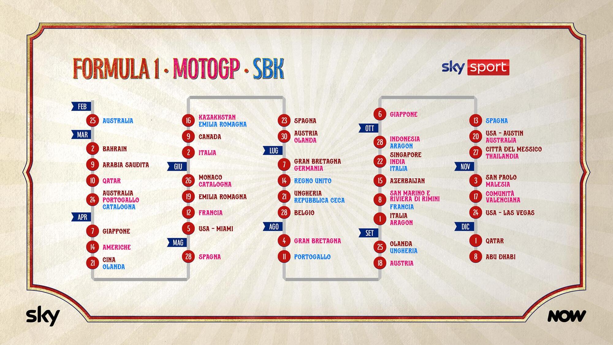 Calendario Formula 1, MotoGP e Superbike