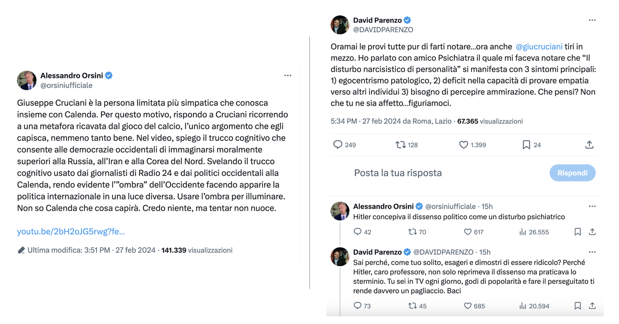 Il dissing tra David Parenzo e Giuseppe Cruciani