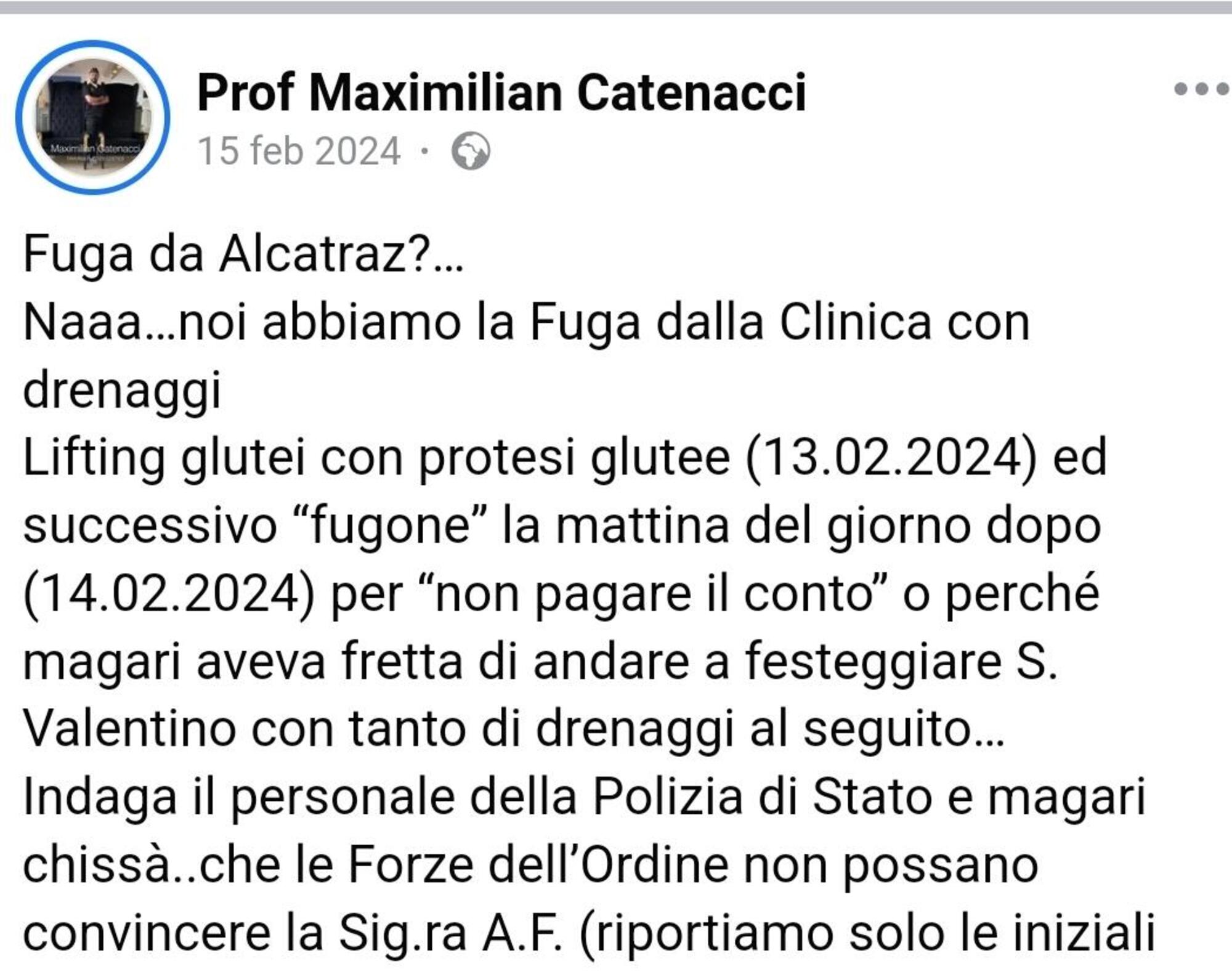 Il post su Facebook di Catenacci