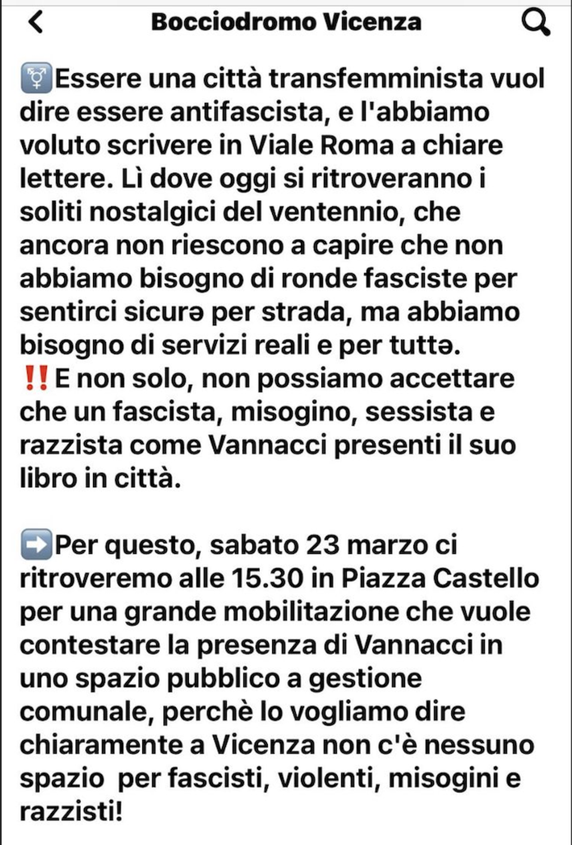 Il post del centro sociale Bocciodromo di Vicenza