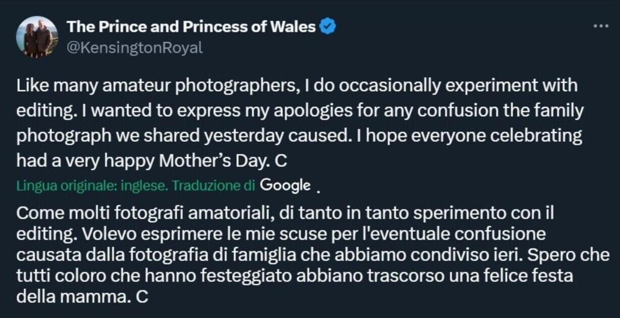 Il tweet di scuse di Kate Middleton per la foto modificata