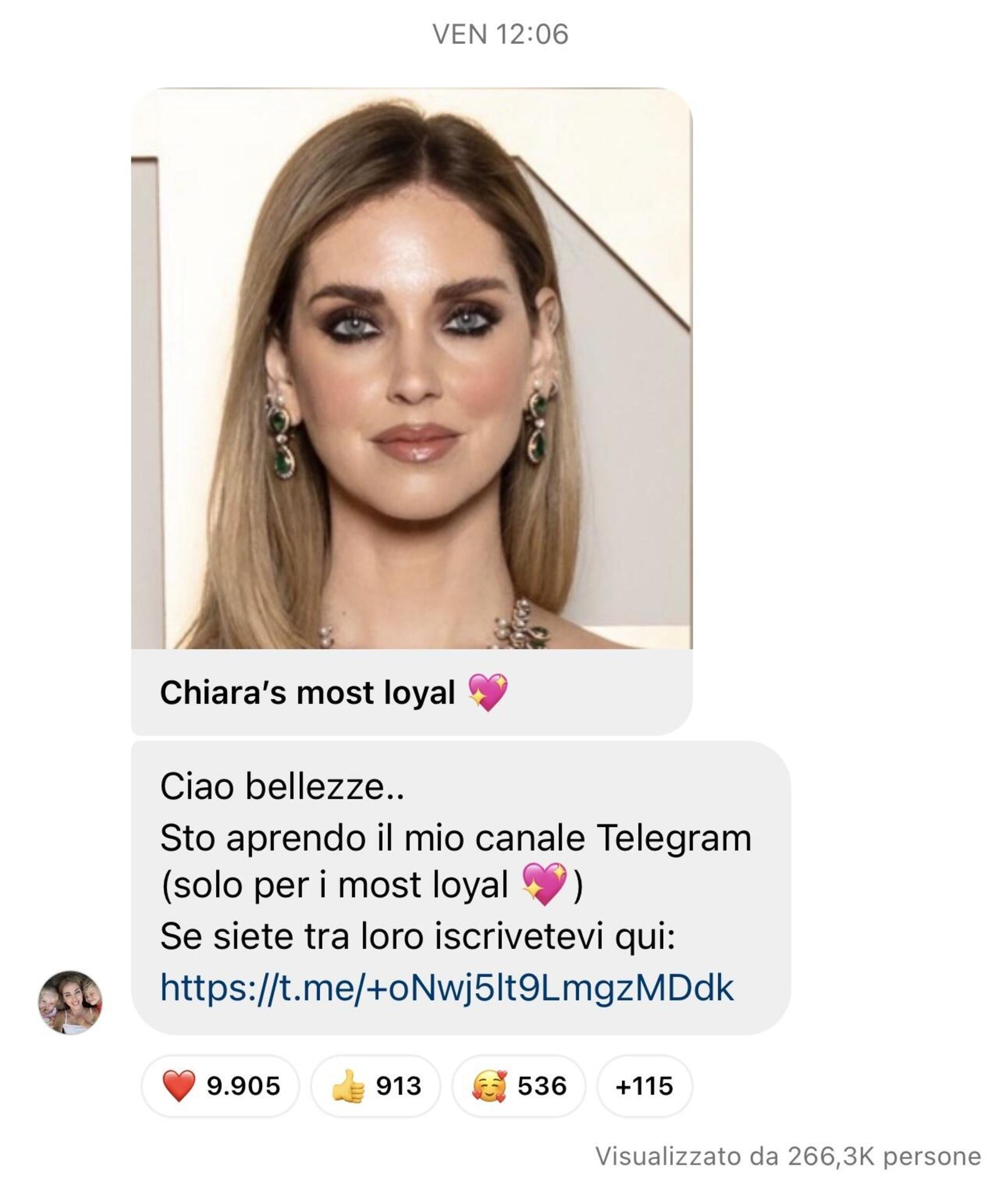 L&#039;annuncio di Chiara Ferragni dell&#039;apertura del canale Telegram