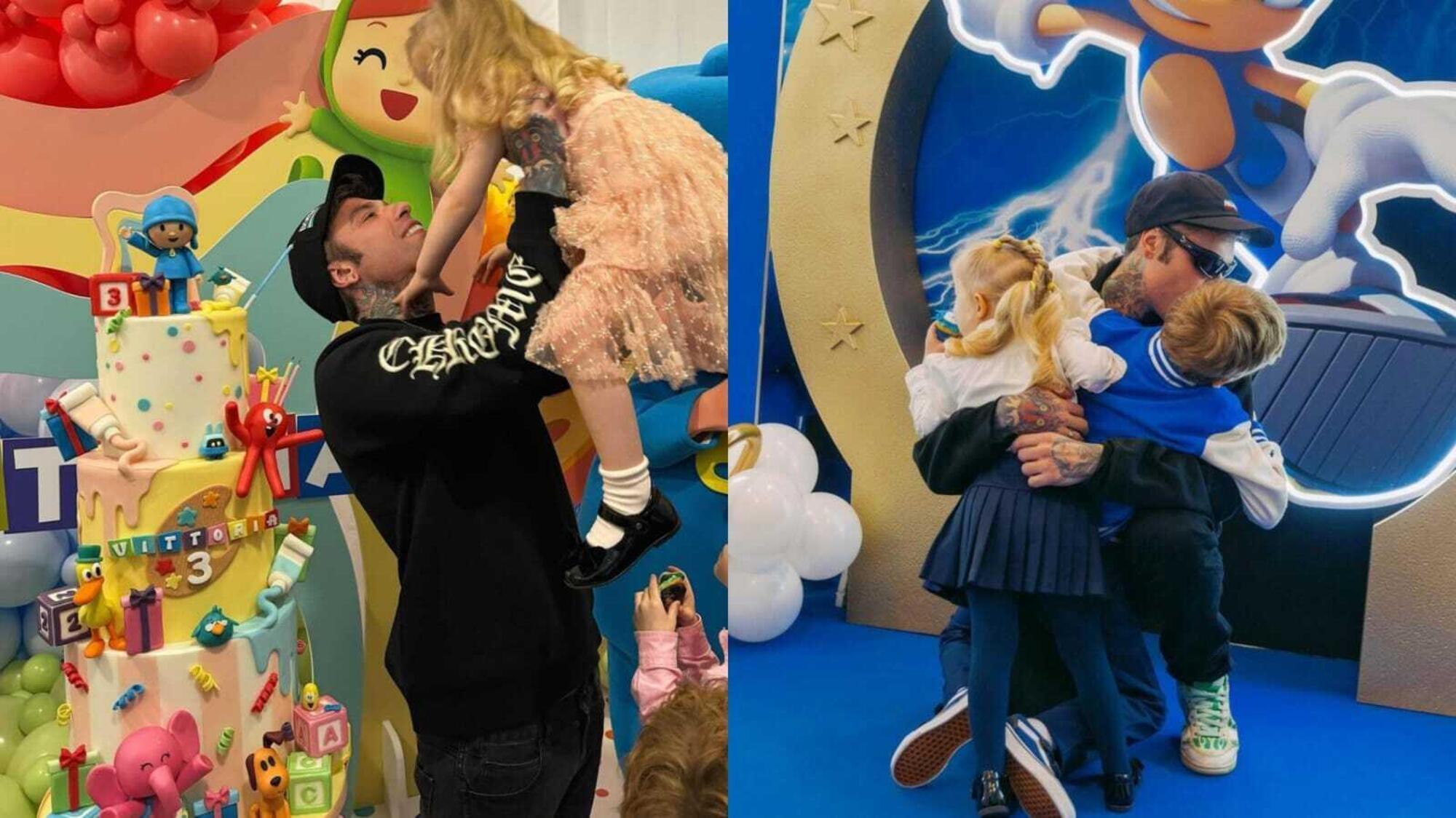 Fedez rispettivamente al compleanno della figlia Vittoria e a quello di Leone, fotografati sempre di spalle